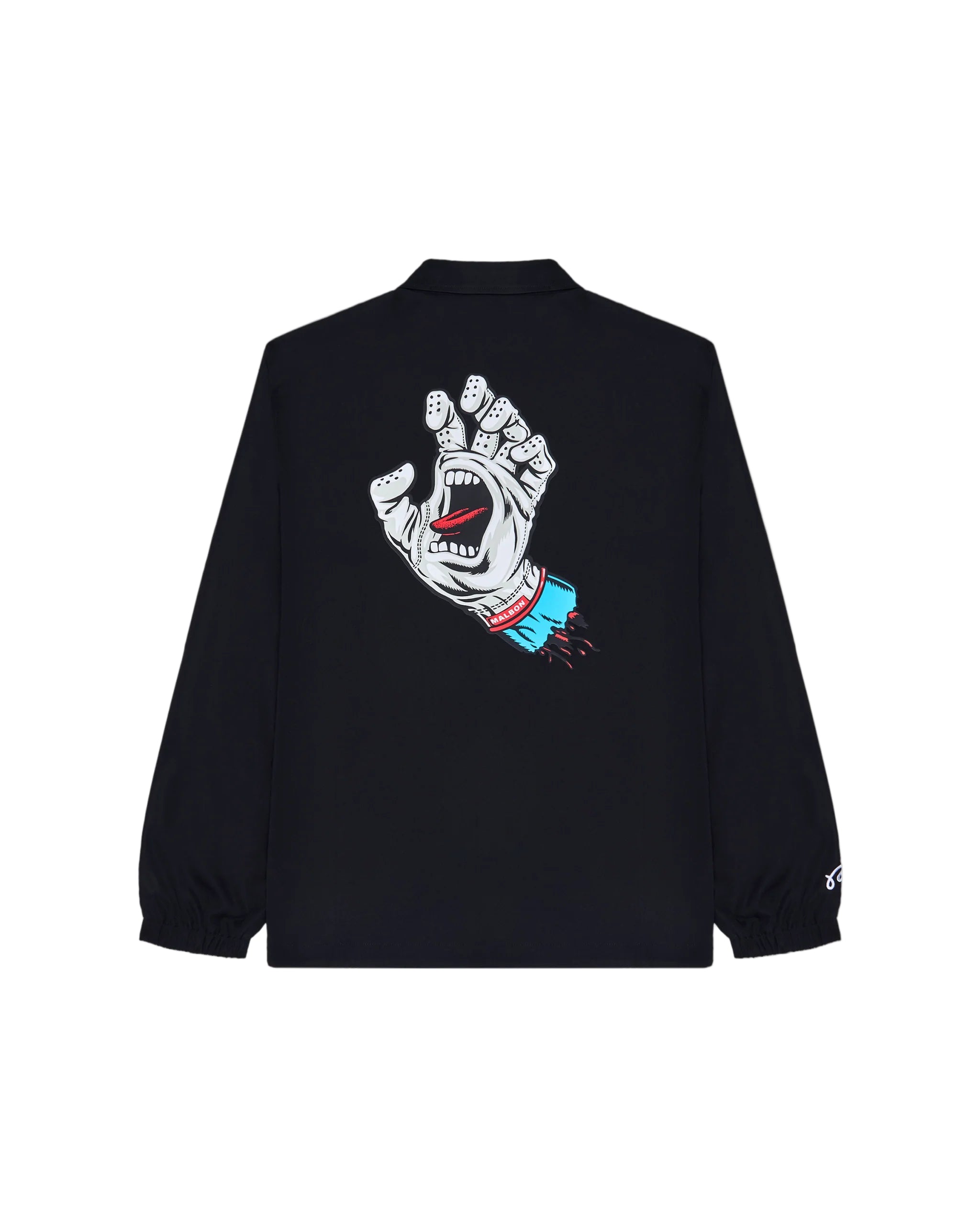 Black jacket with a graphic design on the back against a white background