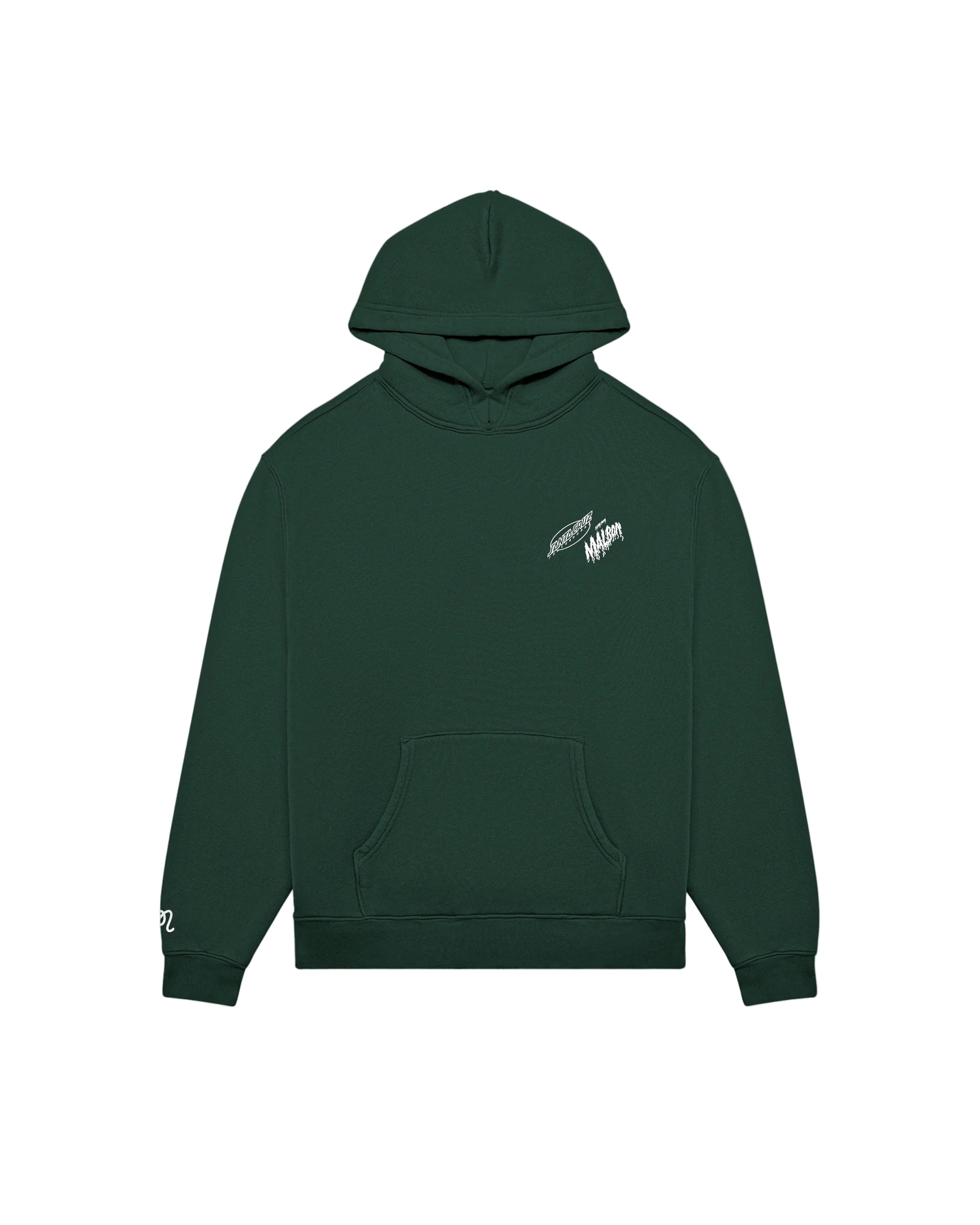 Green hoodie with a logo on the chest against a white background