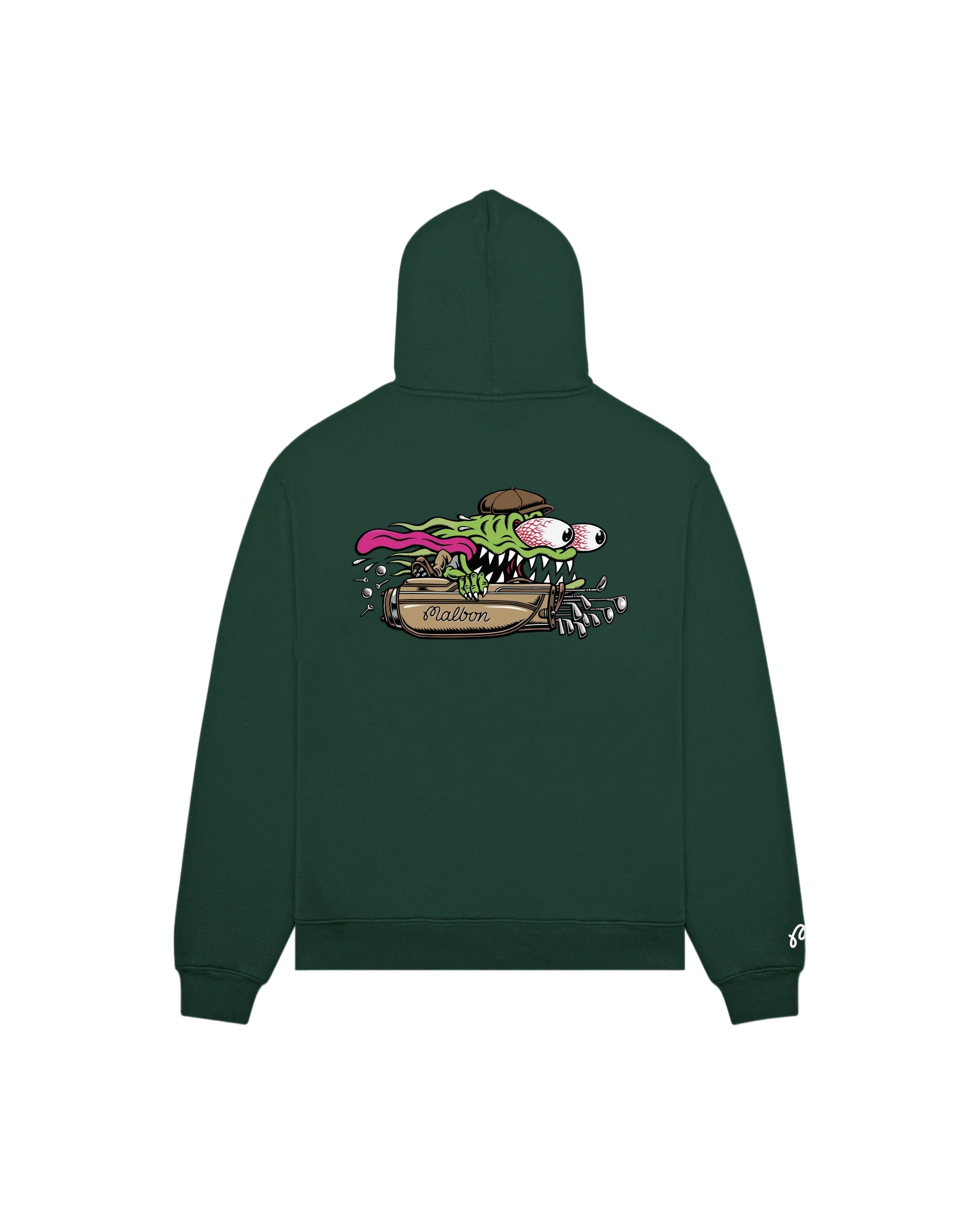 Green hoodie with a colorful graphic on the back against a white background