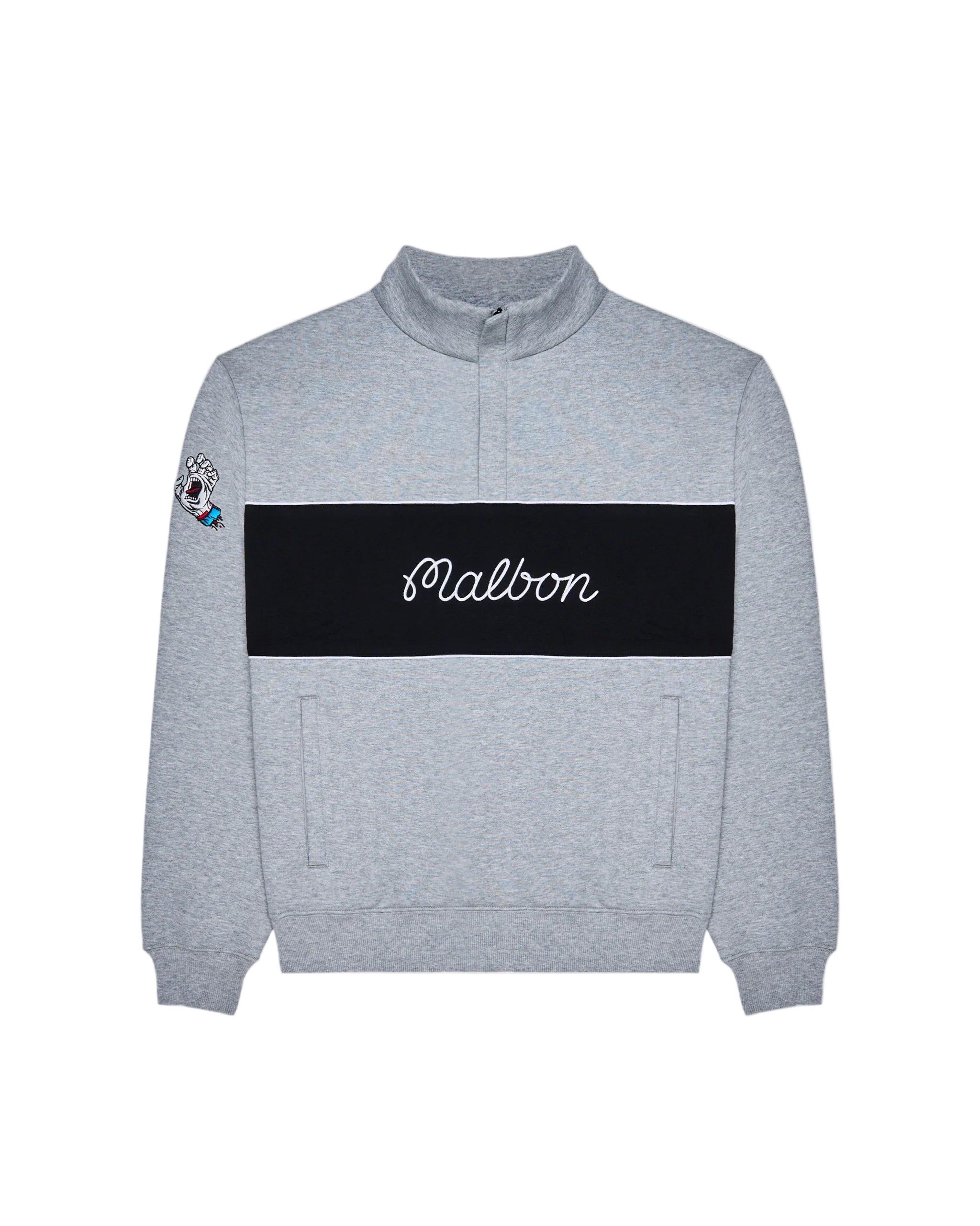 Gray sweatshirt with a black band featuring the word 'Malbon' on a white background