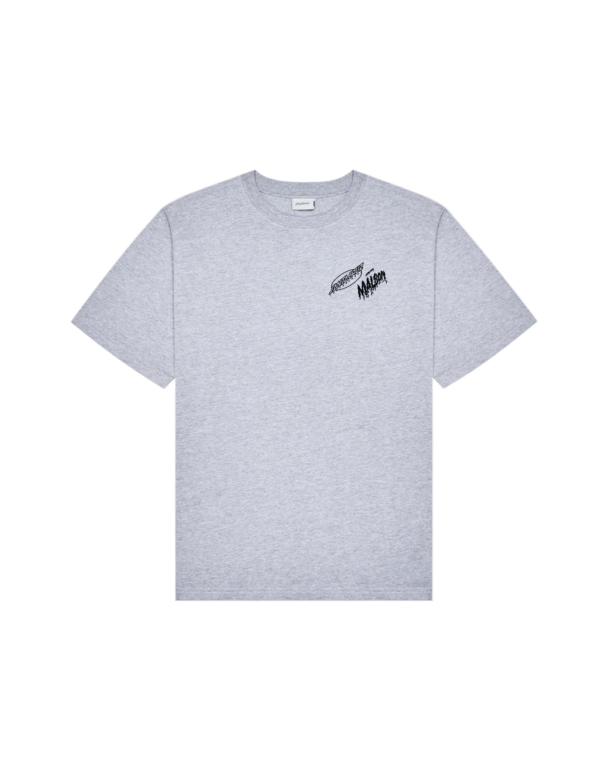 Gray t-shirt with black logo on a white background