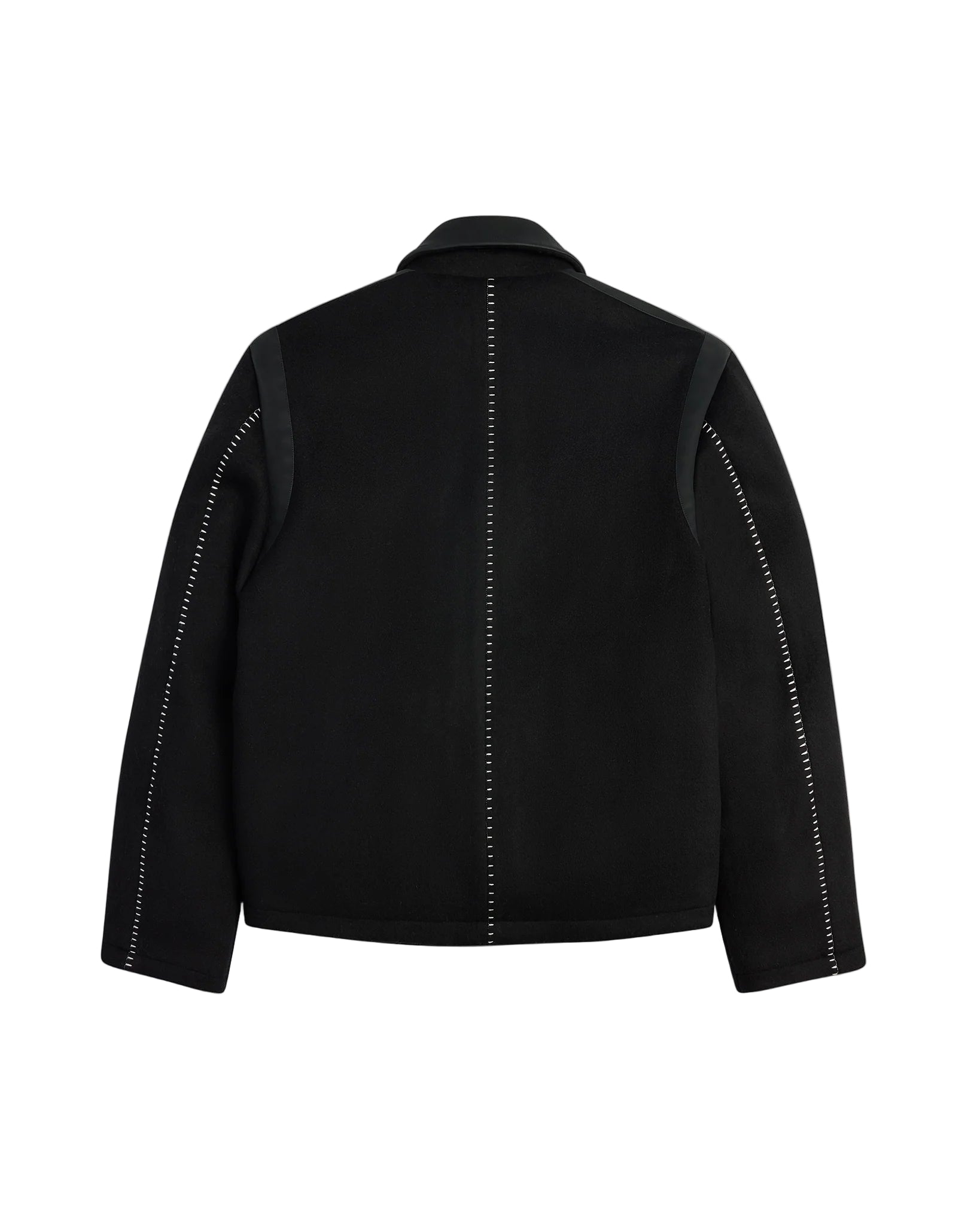Black jacket with white stitching on a light background