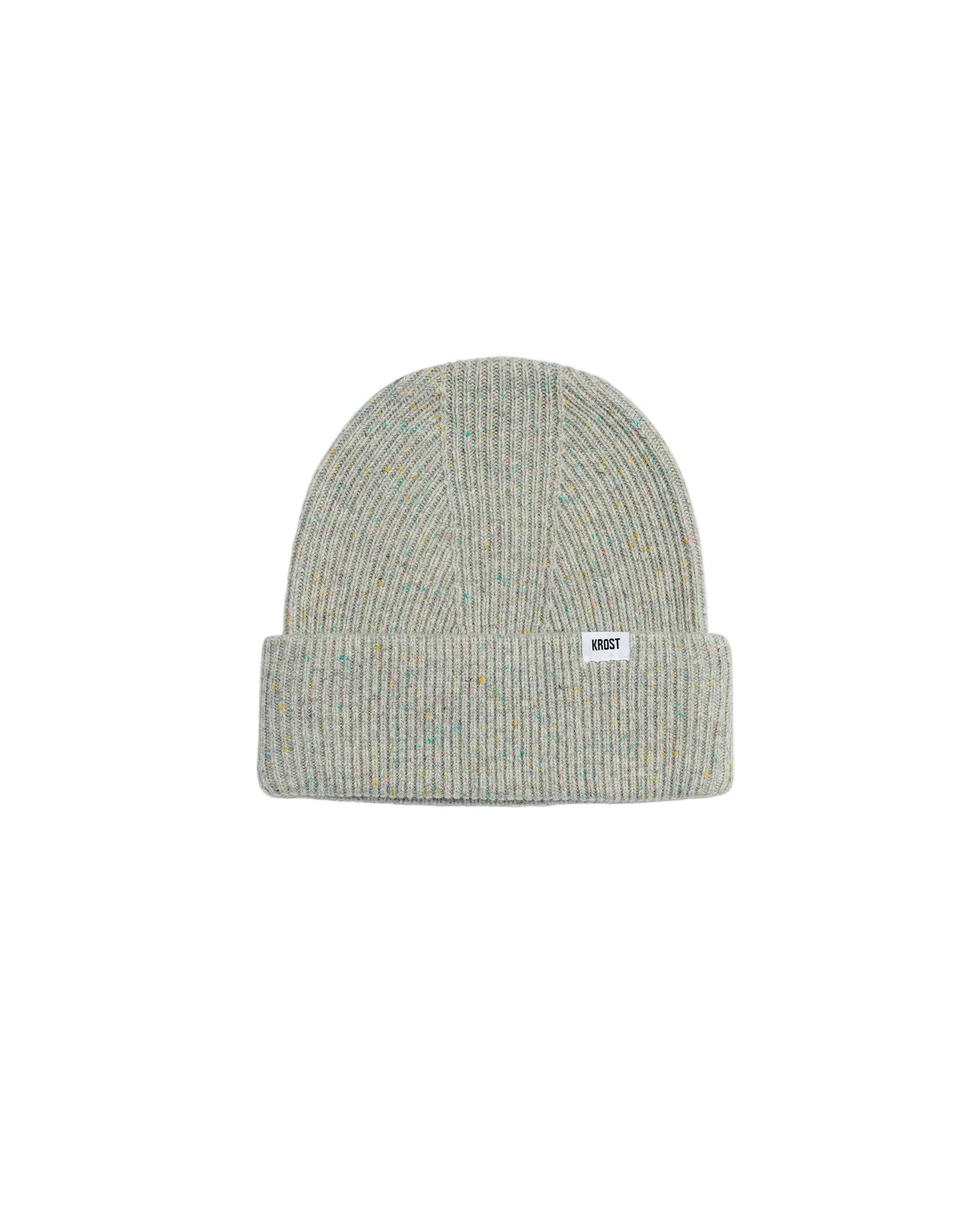 Gray beanie with a brand logo on a white background