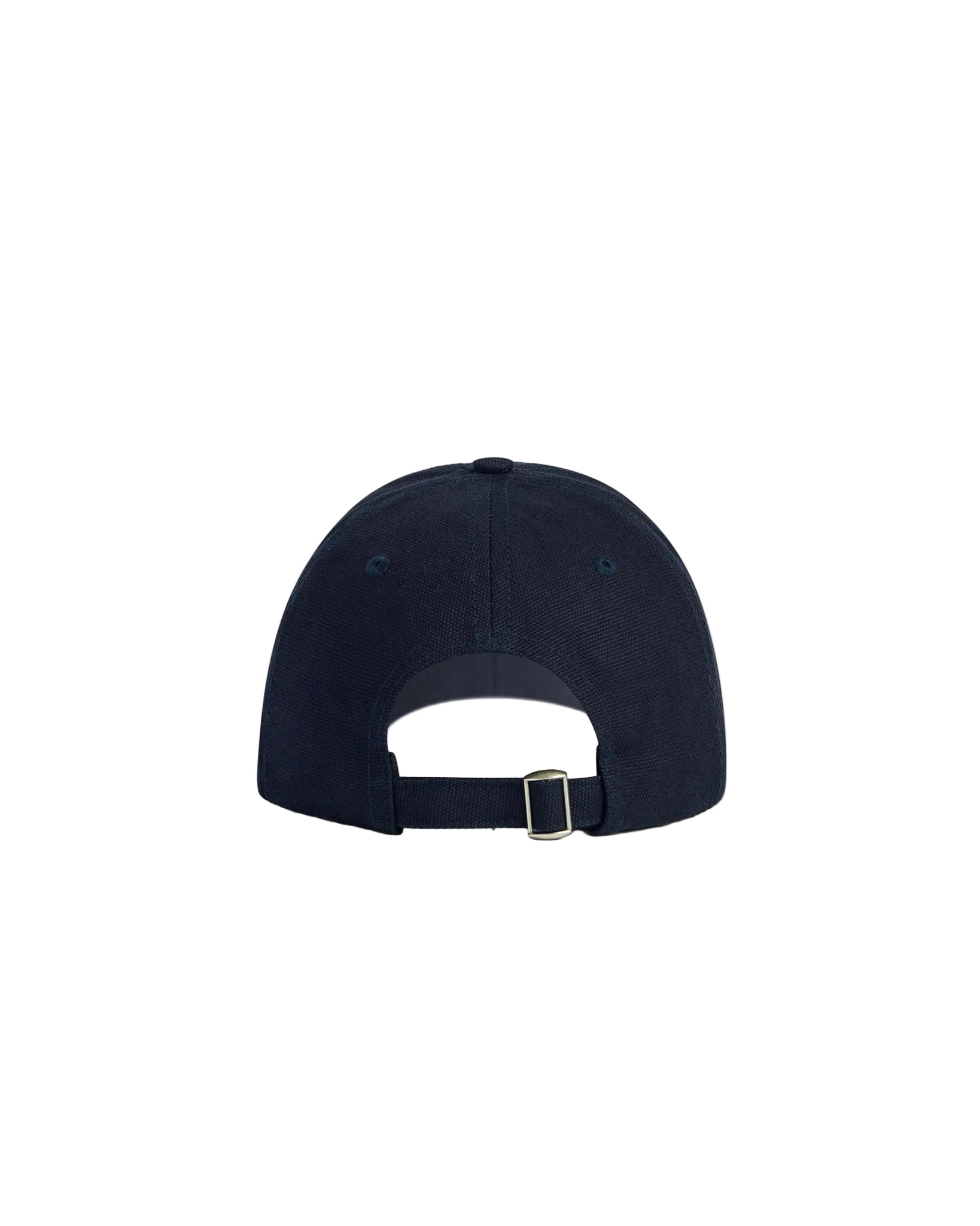 Navy blue cap with a white interior and black strap on a light gray background