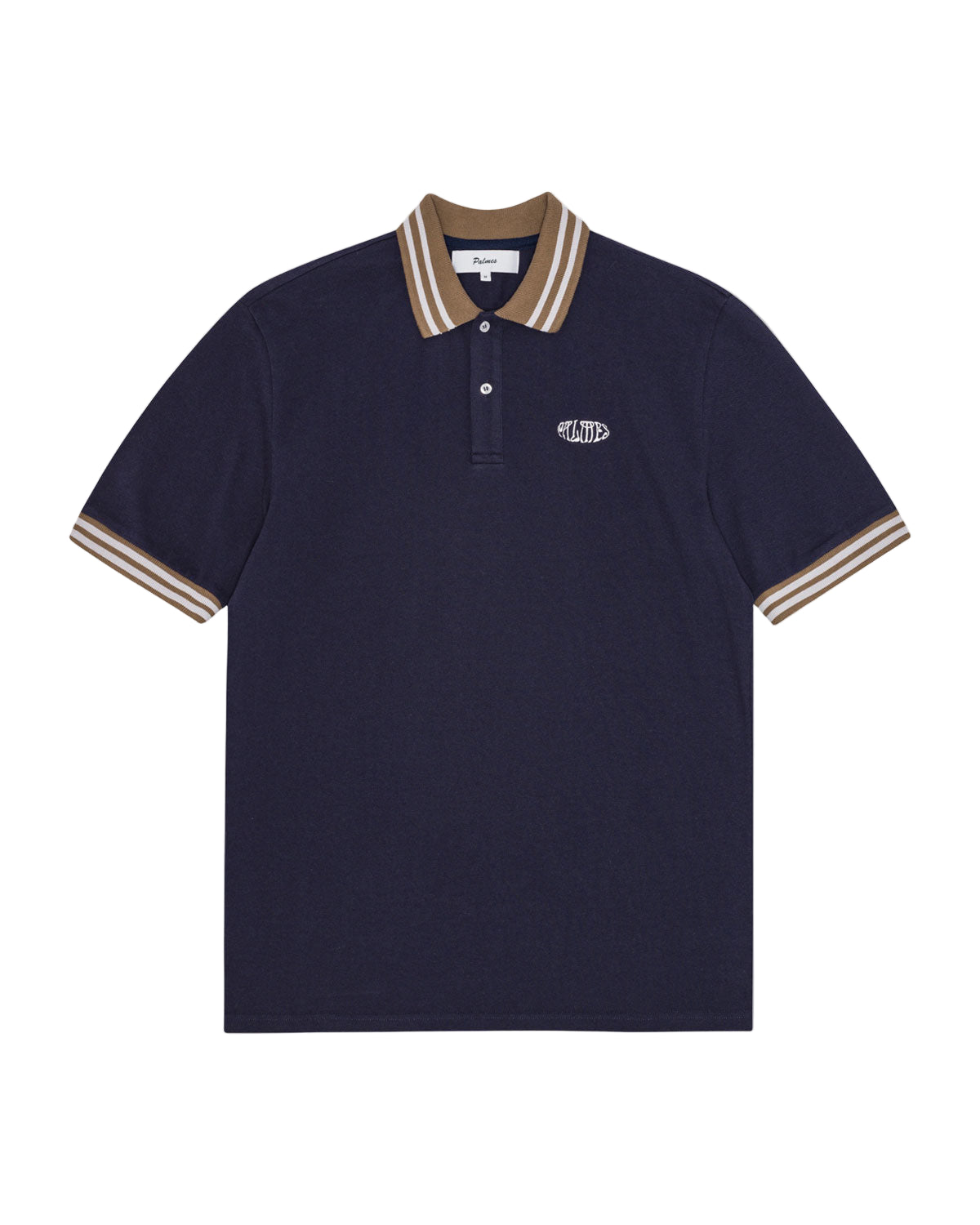 Navy polo shirt with brown and beige trim on a white background