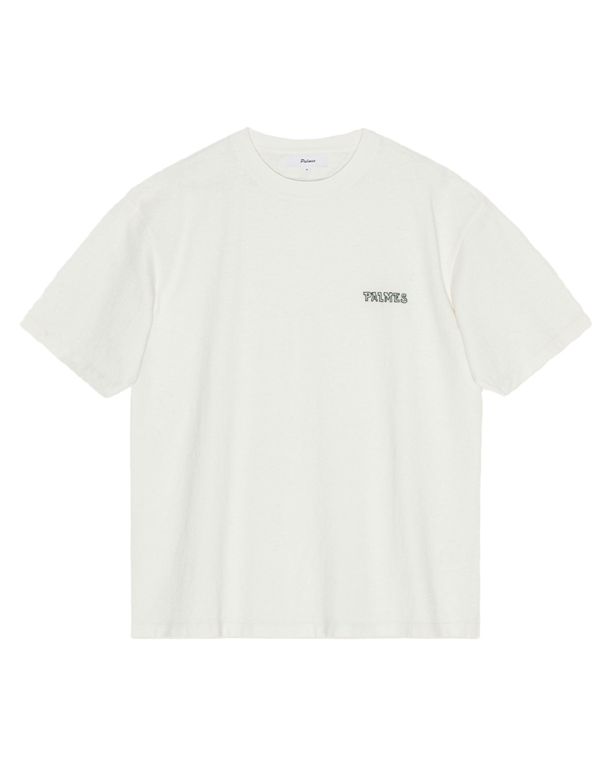 White t-shirt with a small logo on a light white background