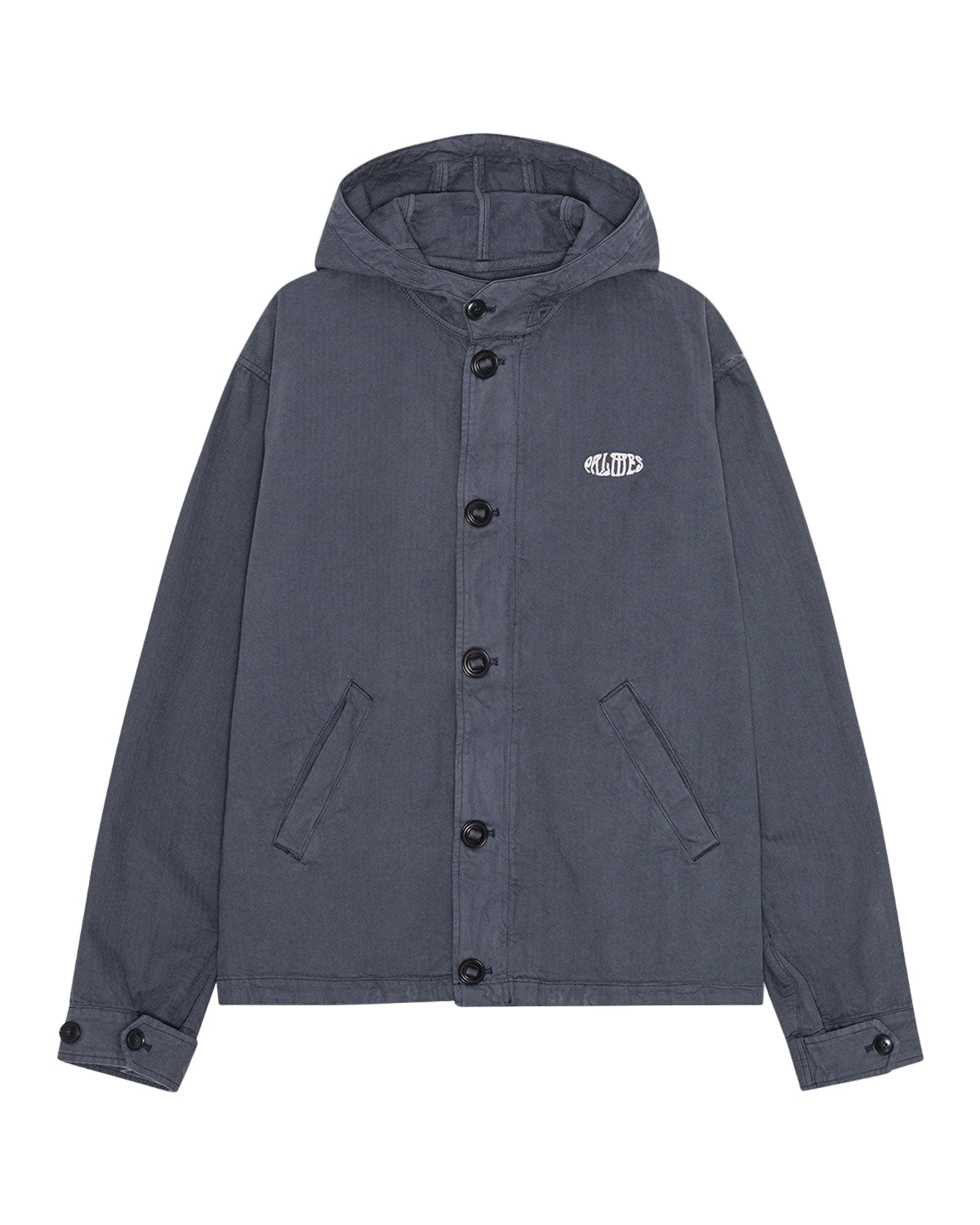 Blue hooded jacket with a brand logo on a white background