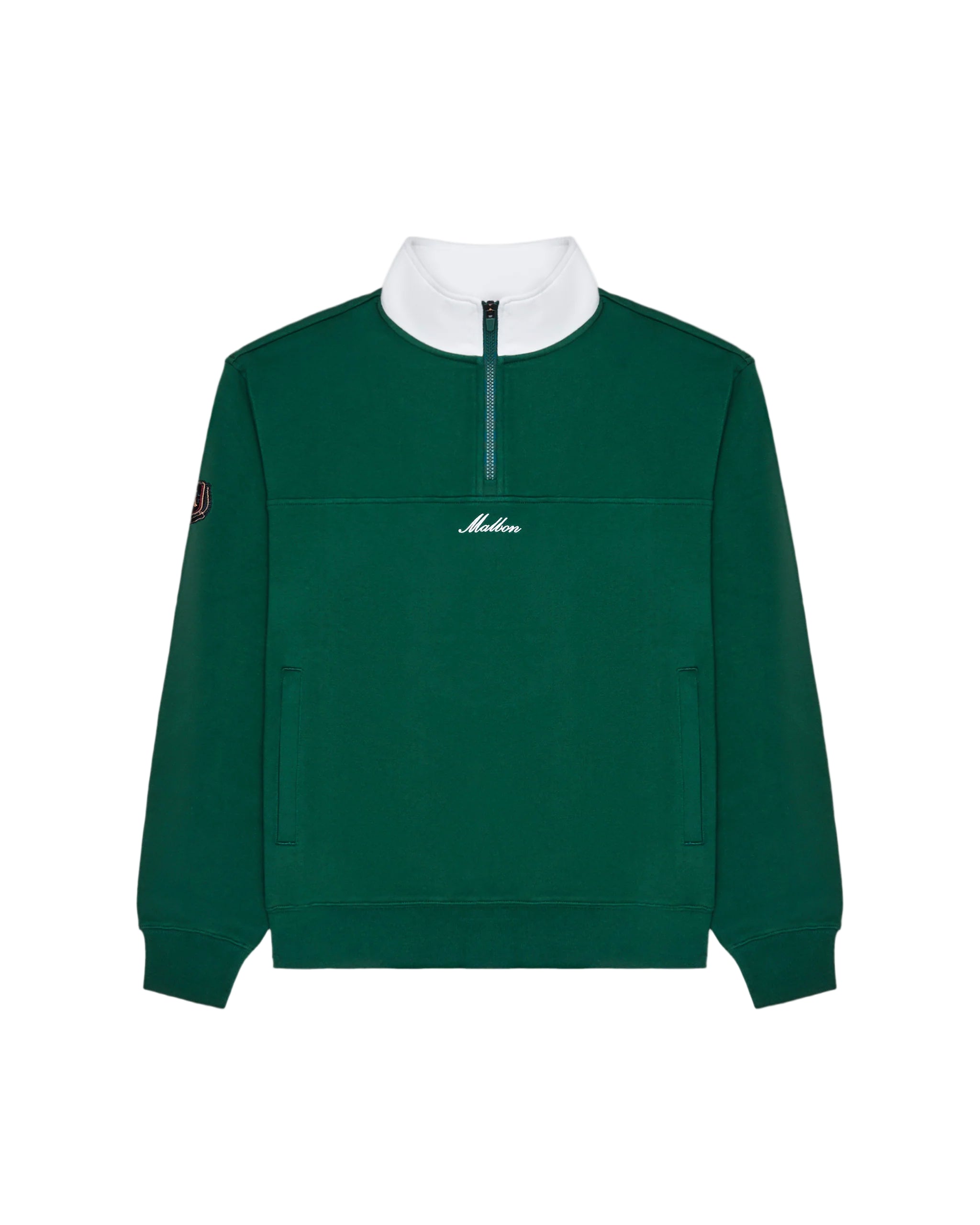 Green sweatshirt with white collar and visible brand logo on a white background