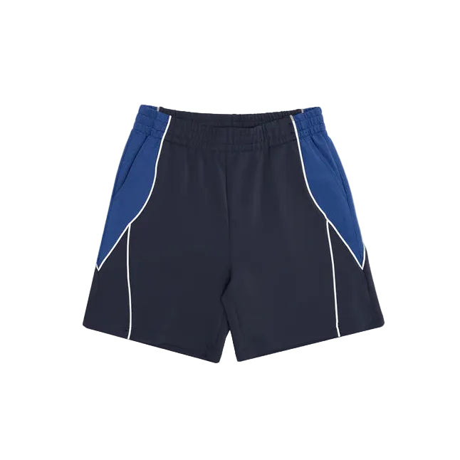 Navy shorts with blue accents on a white background