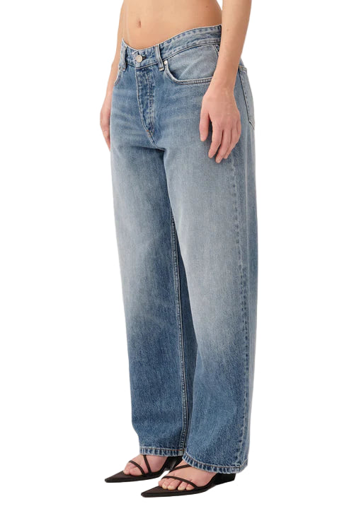 Light blue jeans worn by a person on a white background