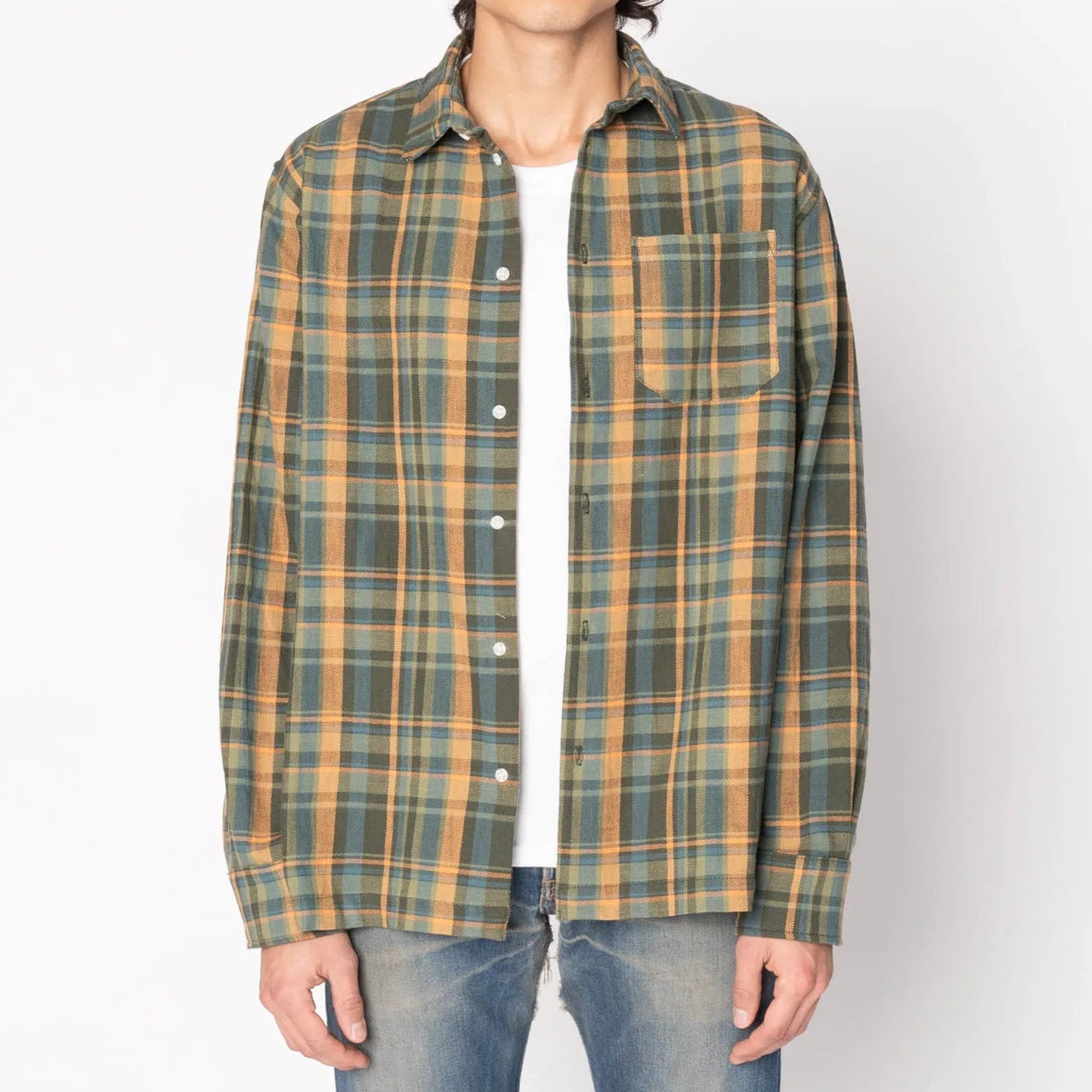 Man wearing a green and brown plaid shirt on a white background