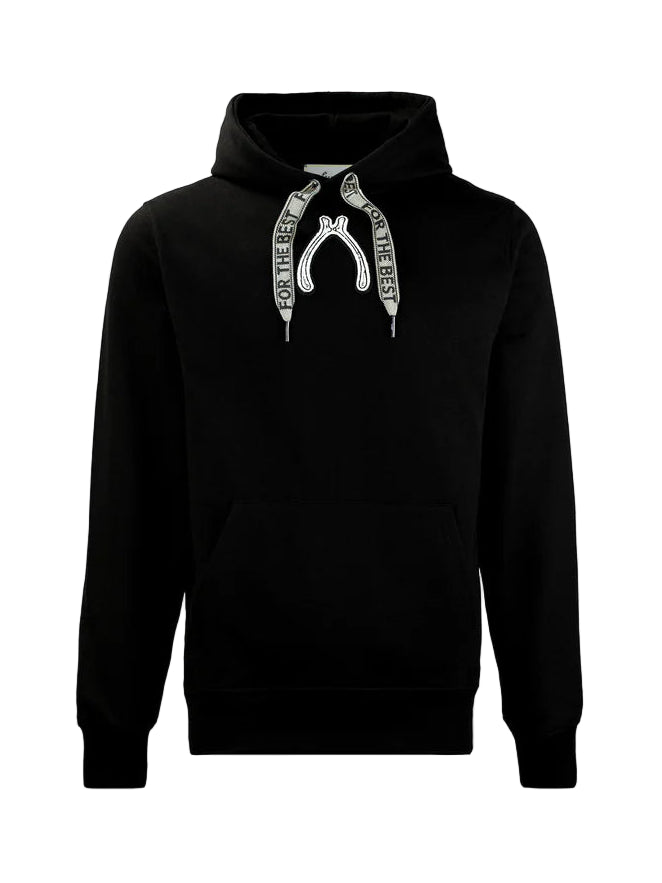 Black hoodie with a unique design on the hood against a white background