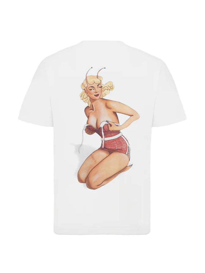 T-shirt with a graphic of a pin-up girl in a red bikini on a white background