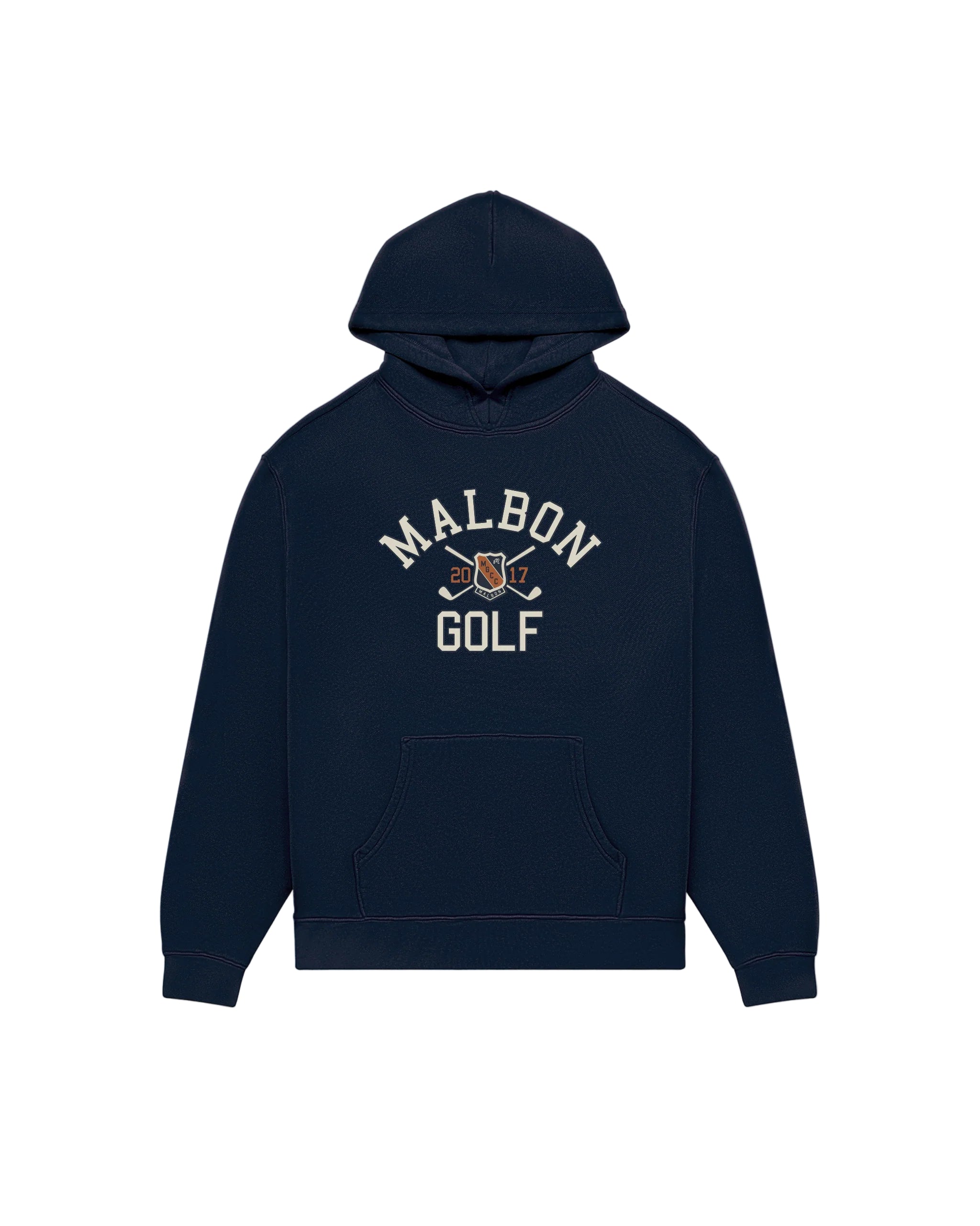 Navy blue hoodie with 'Malbon Golf' logo on a white background