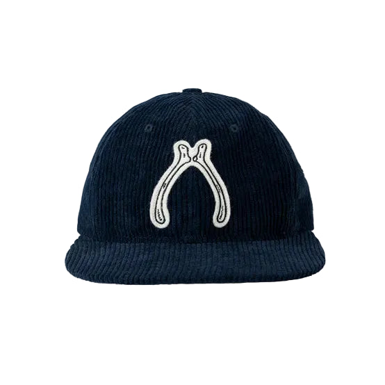 Navy blue cap with a white logo on a white background