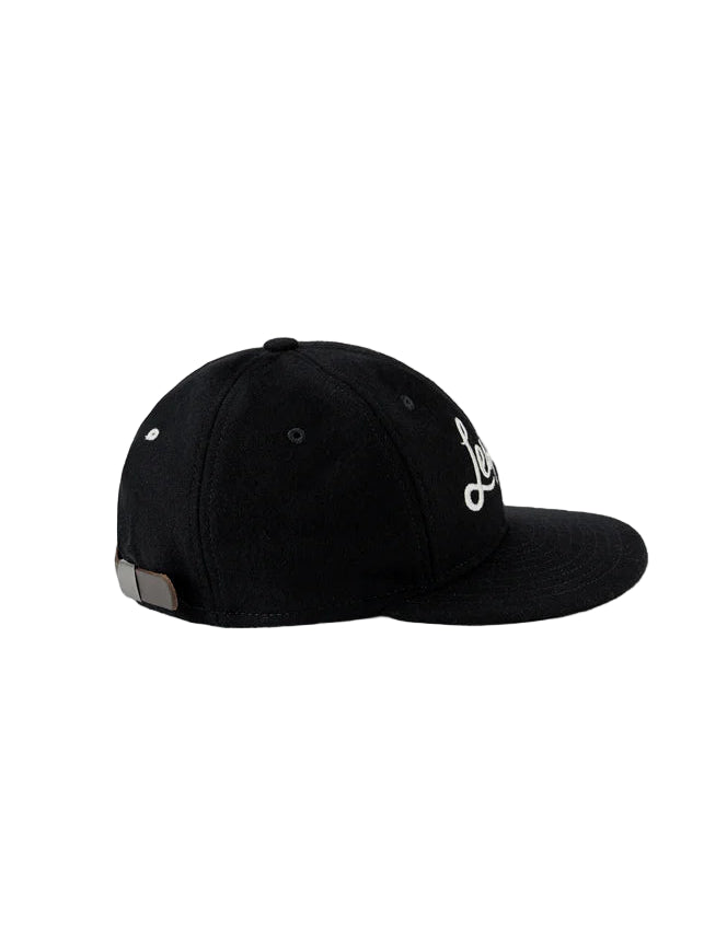 Black cap with a logo on the side against a white background
