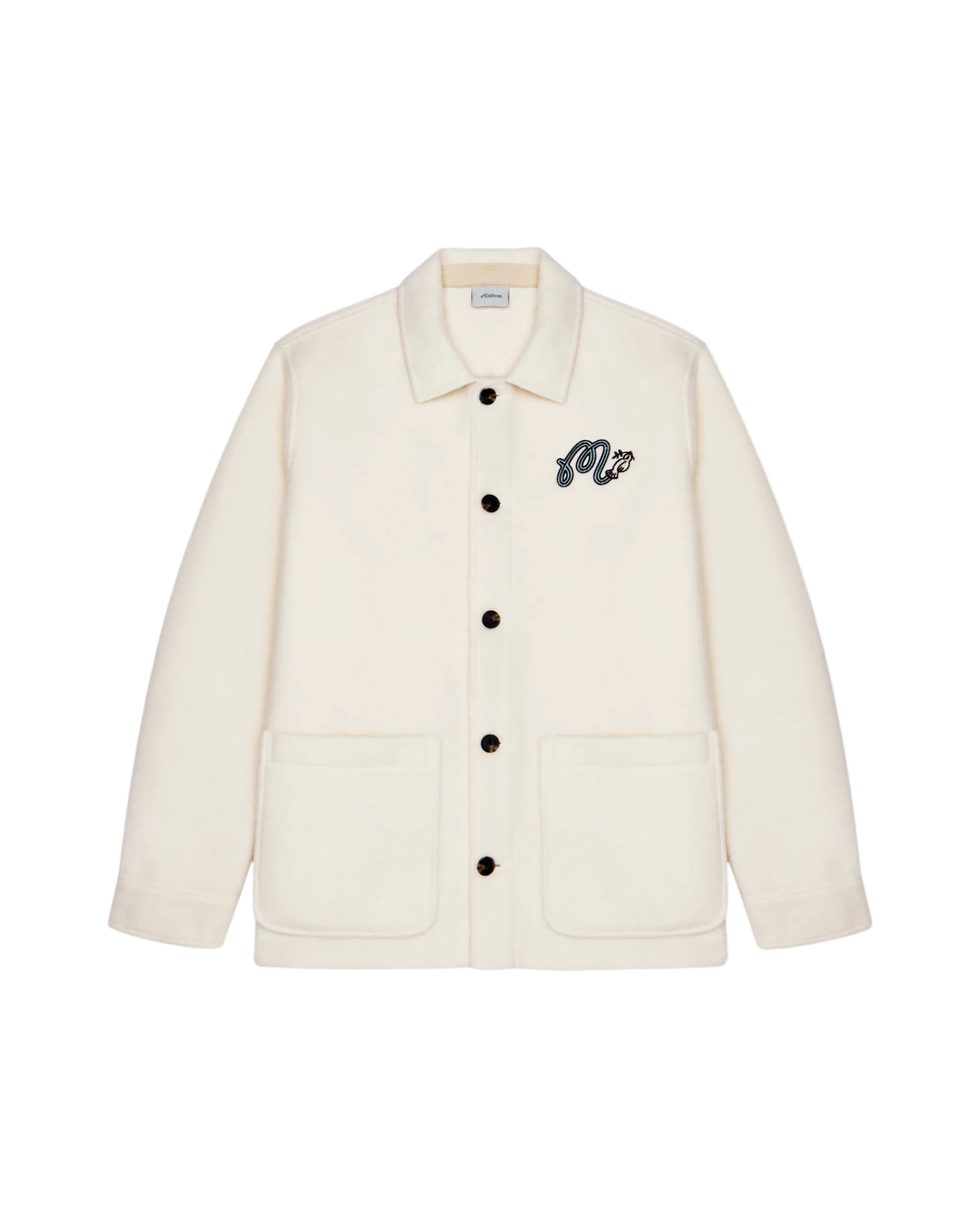 White jacket with black buttons and a logo on a white background