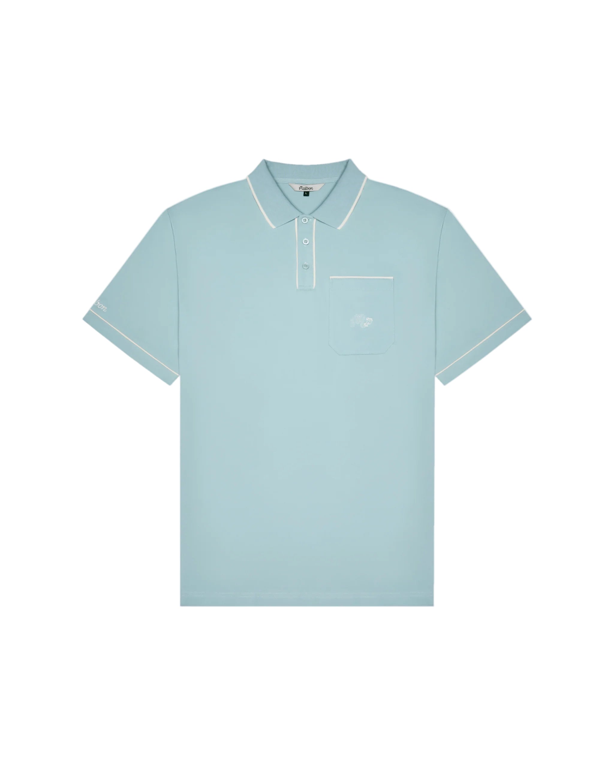 Light blue polo shirt with white trim on a white background