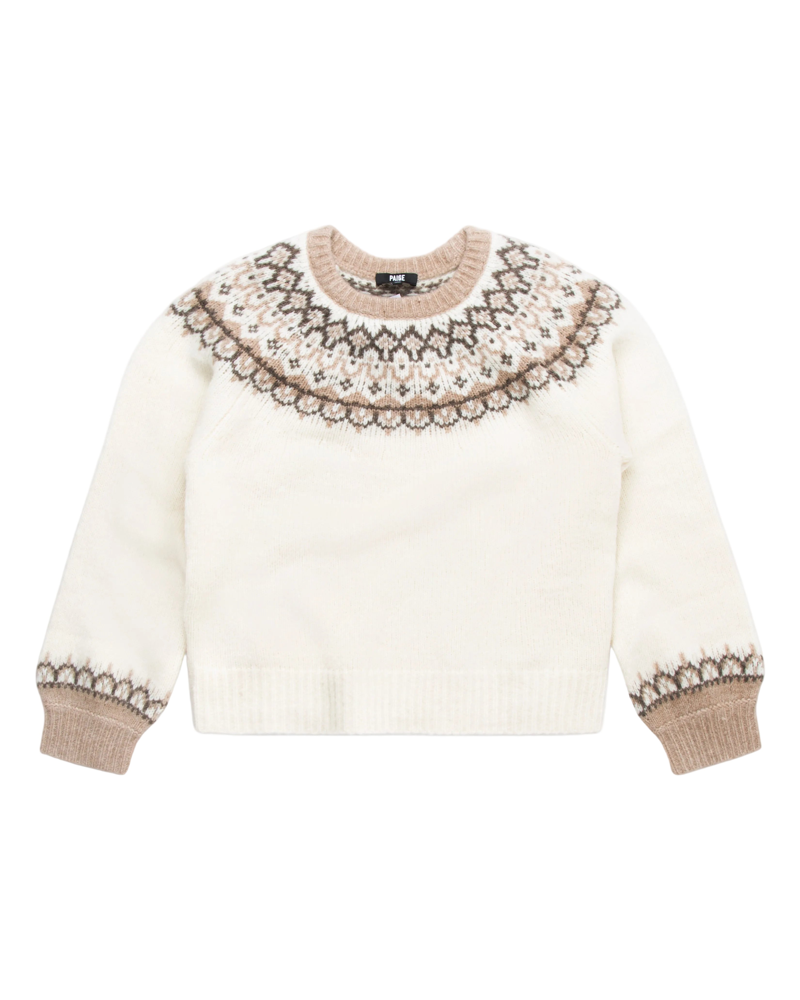 Cream-colored sweater with intricate brown patterns on a white background