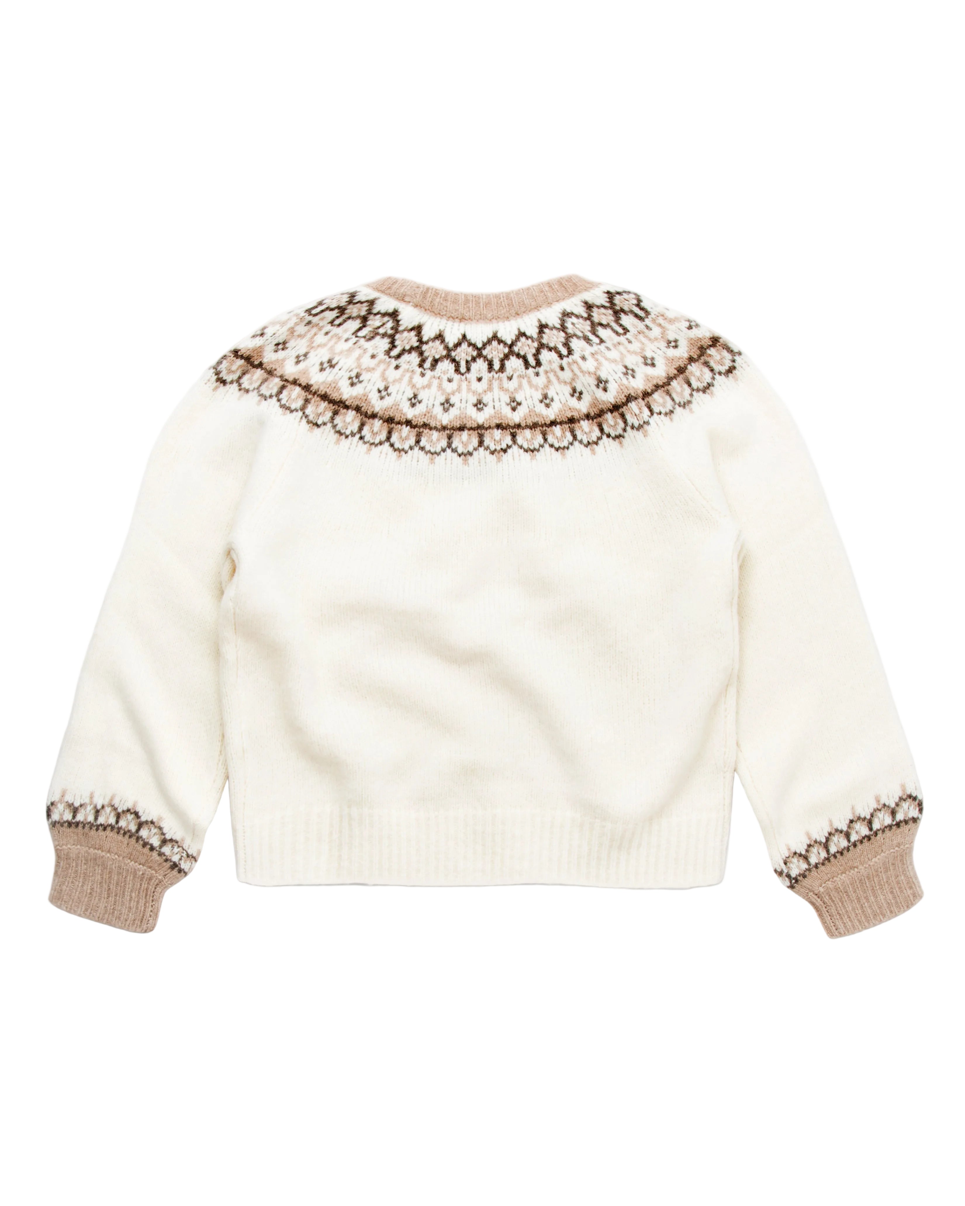 White sweater with brown lace details on a white background