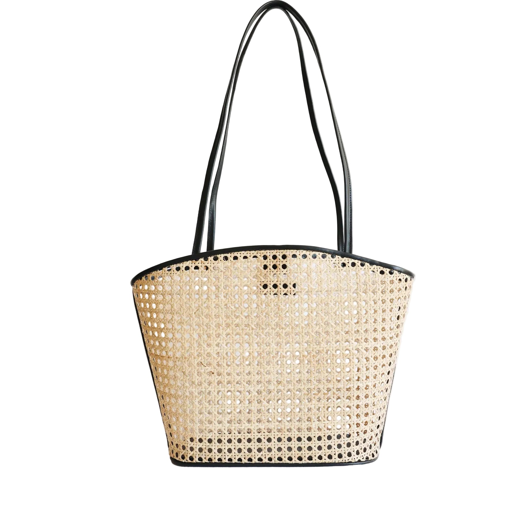 Woven handbag with black handle on a white background