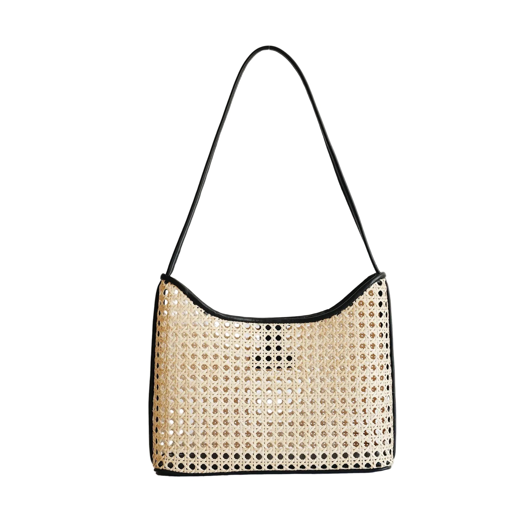 Woven handbag with black trim on a white background