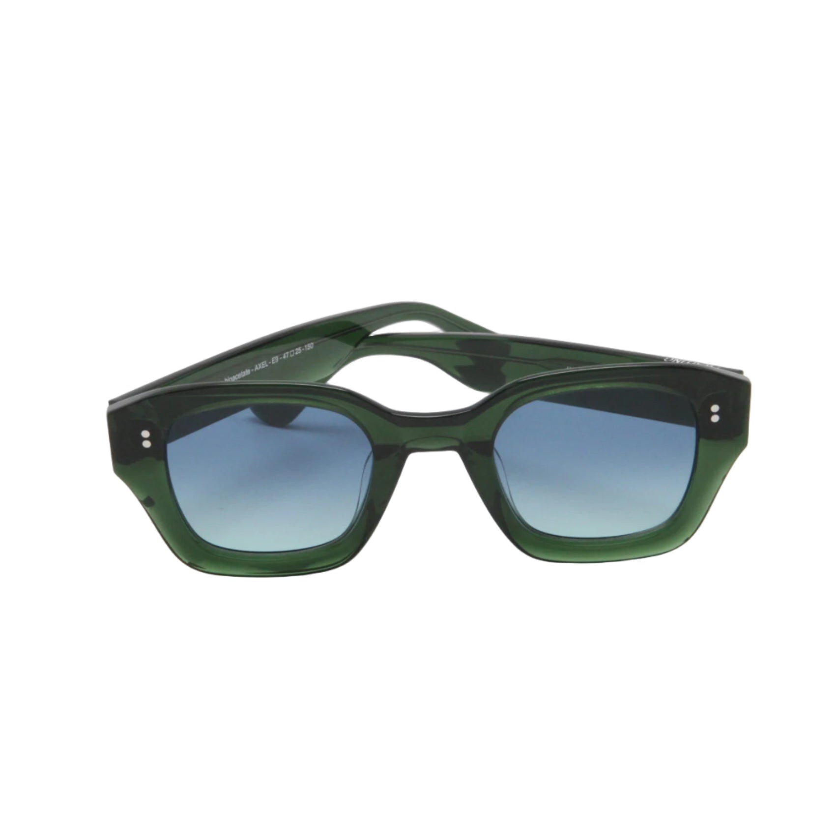 Green sunglasses with blue gradient lenses on a white background