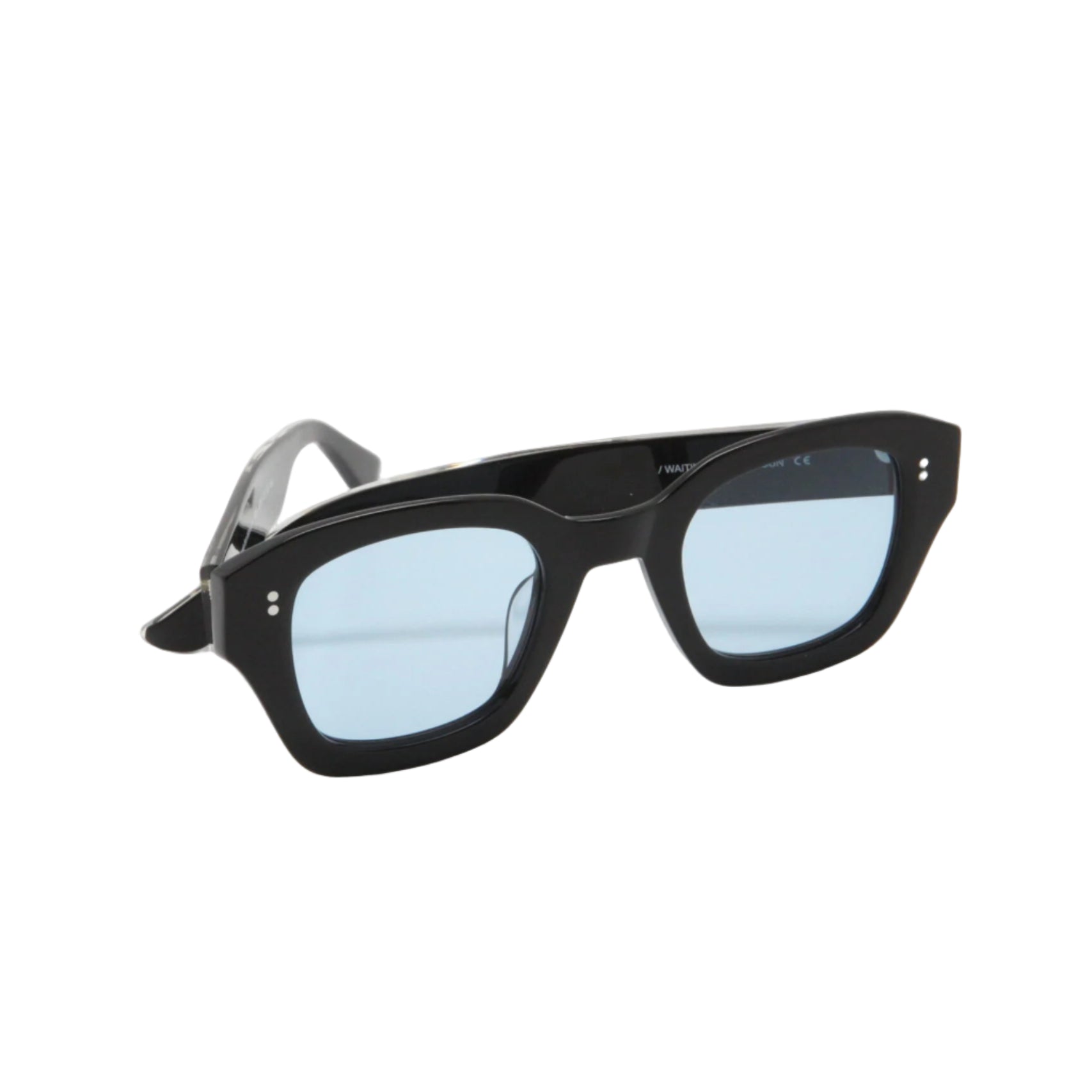 Black sunglasses with light blue lenses on a white background
