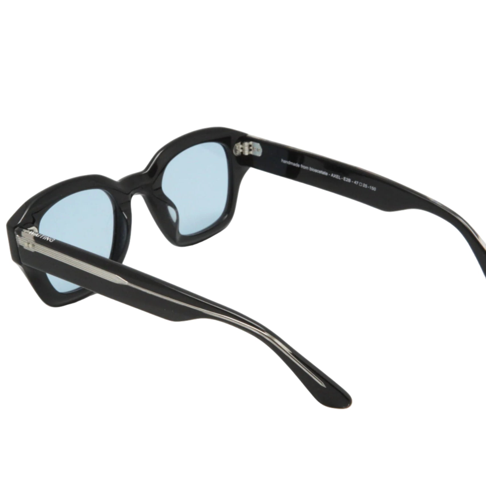 Black sunglasses with blue lenses on a white background