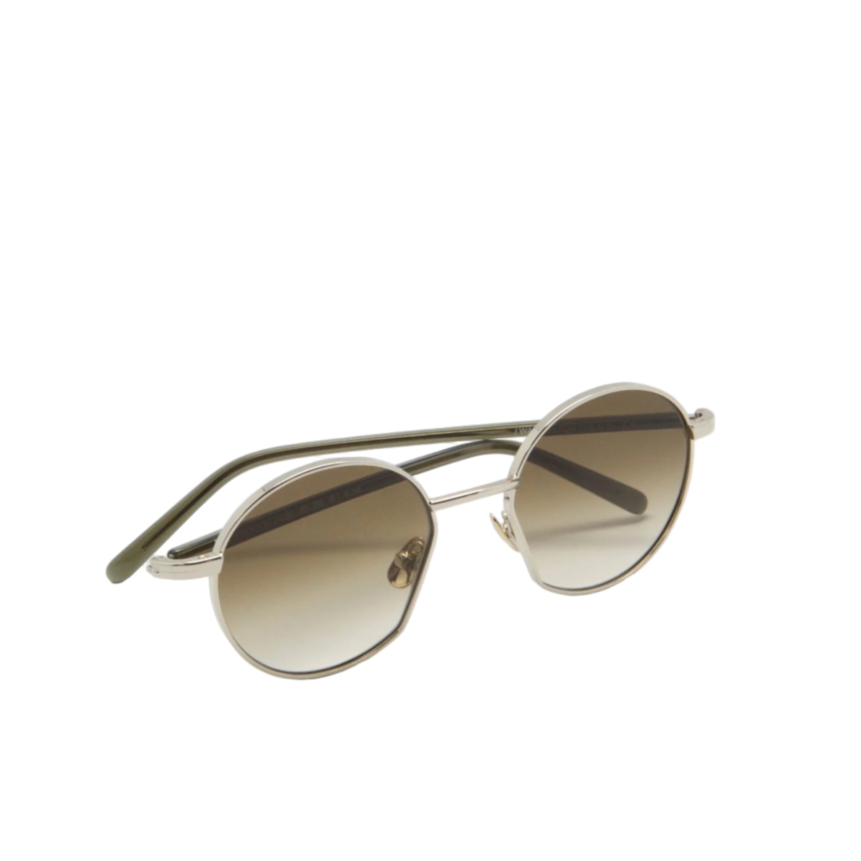 Round sunglasses with gold frame and gradient lenses on a white background