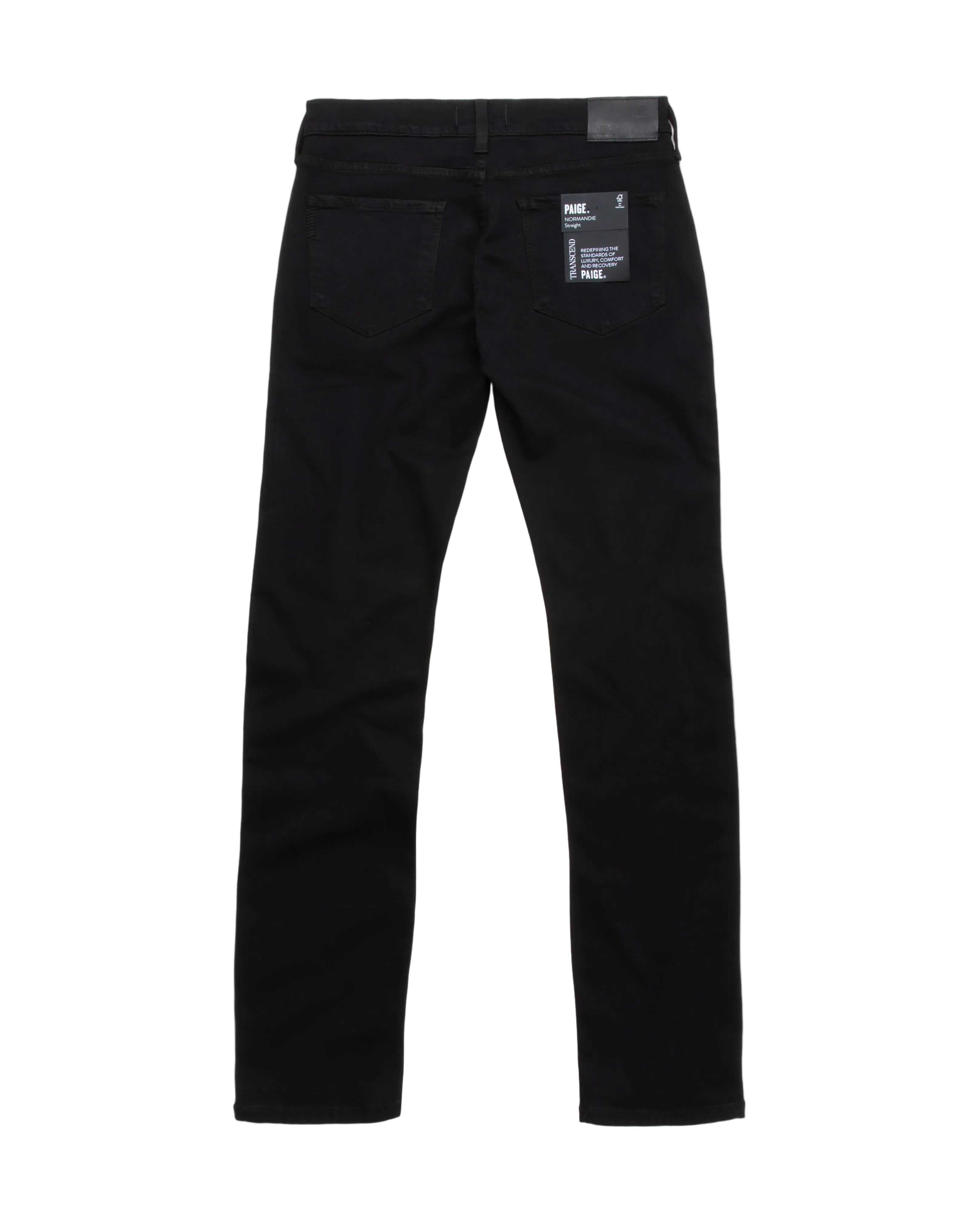 Black jeans with a brand label on a white background