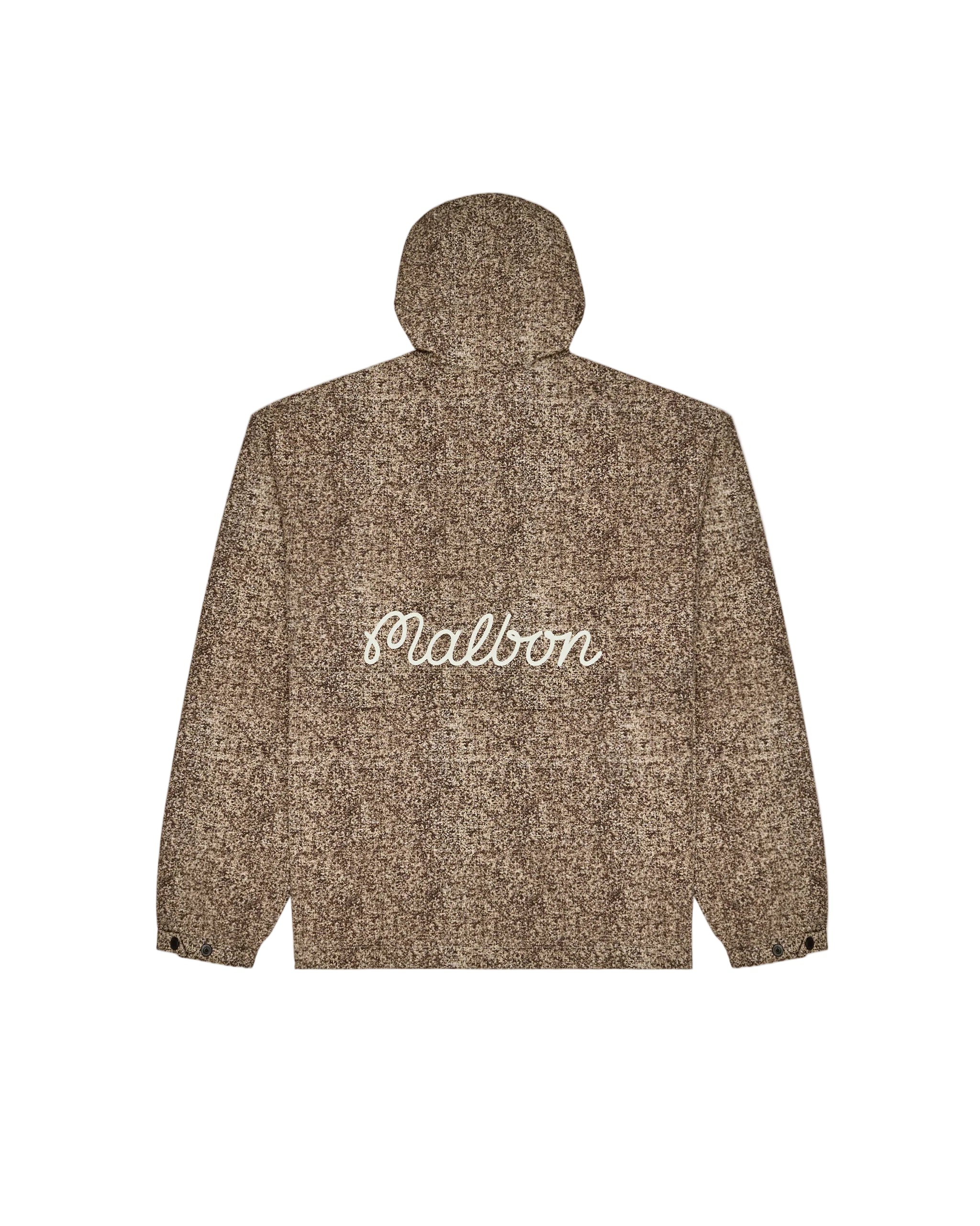 Brown hooded jacket with 'Malbon' logo on a white background