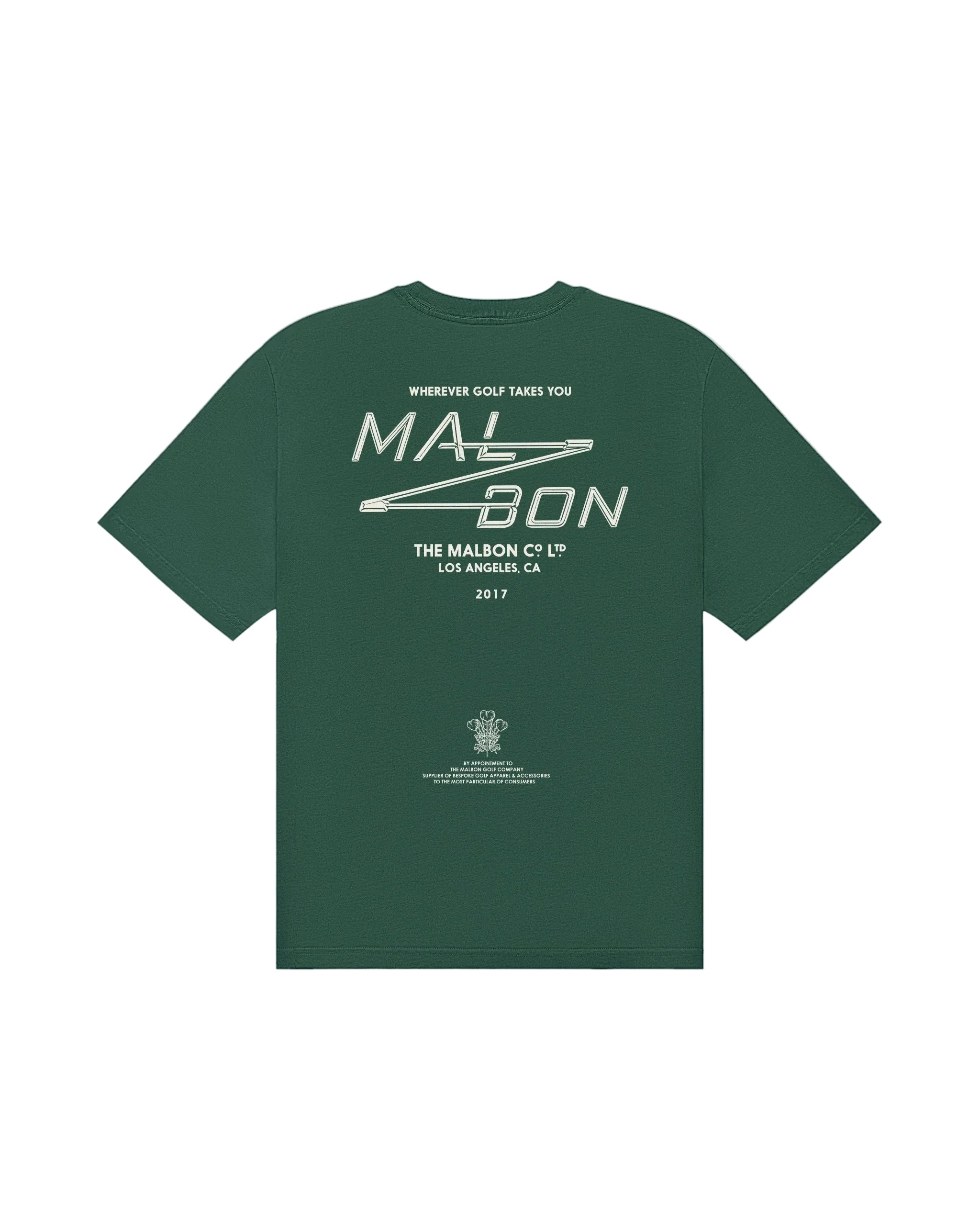 Green t-shirt with white text and graphics on a white background