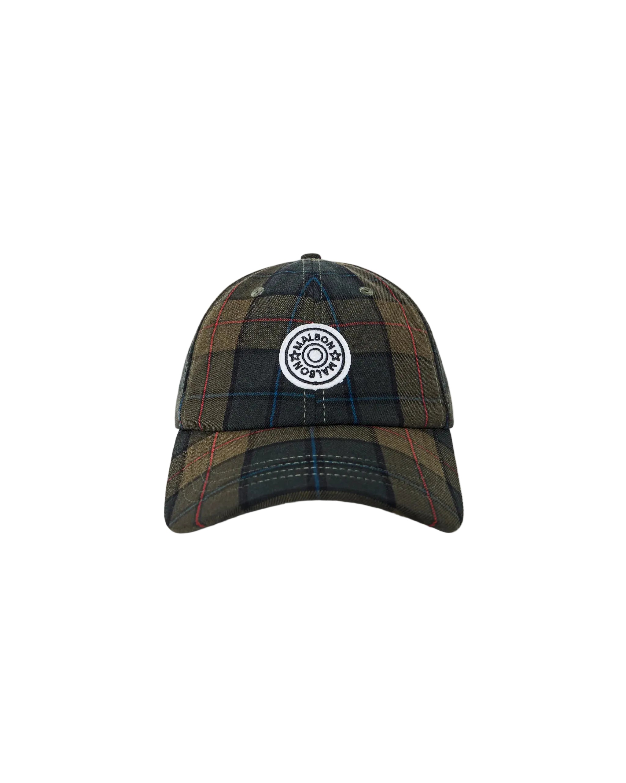 Plaid patterned cap with a logo on a white background