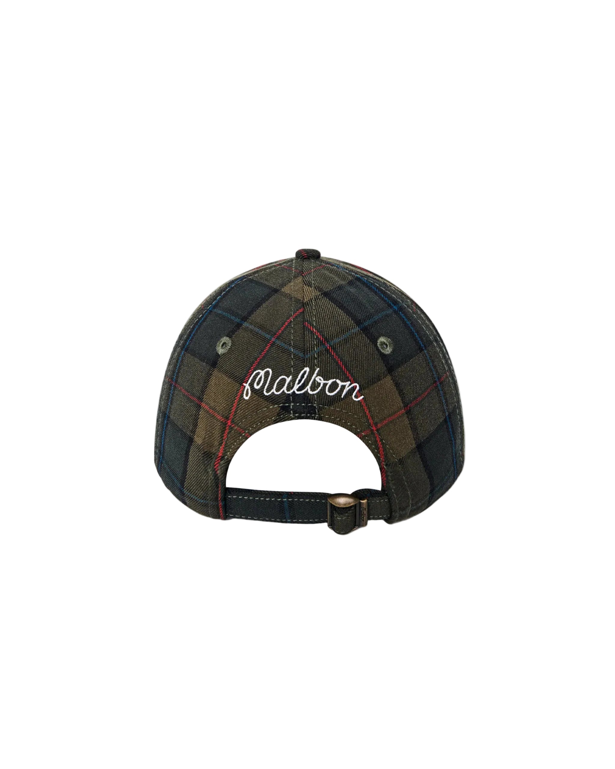 Plaid patterned cap with 'Malbon' branding on a white background