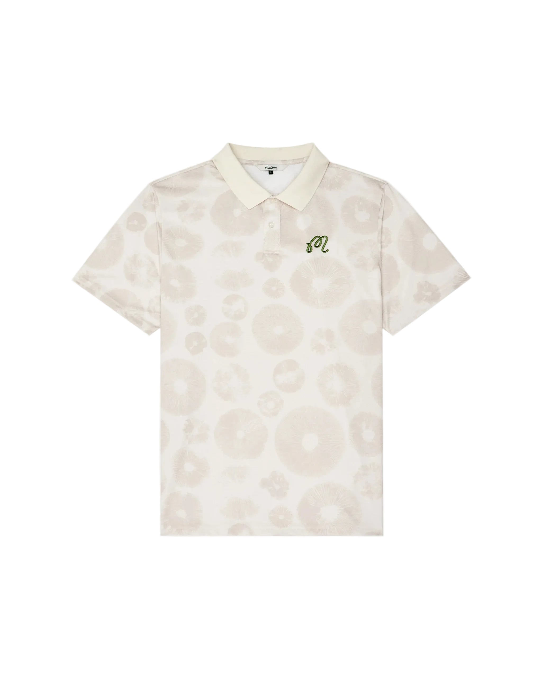 Beige patterned polo shirt with a logo on a white background