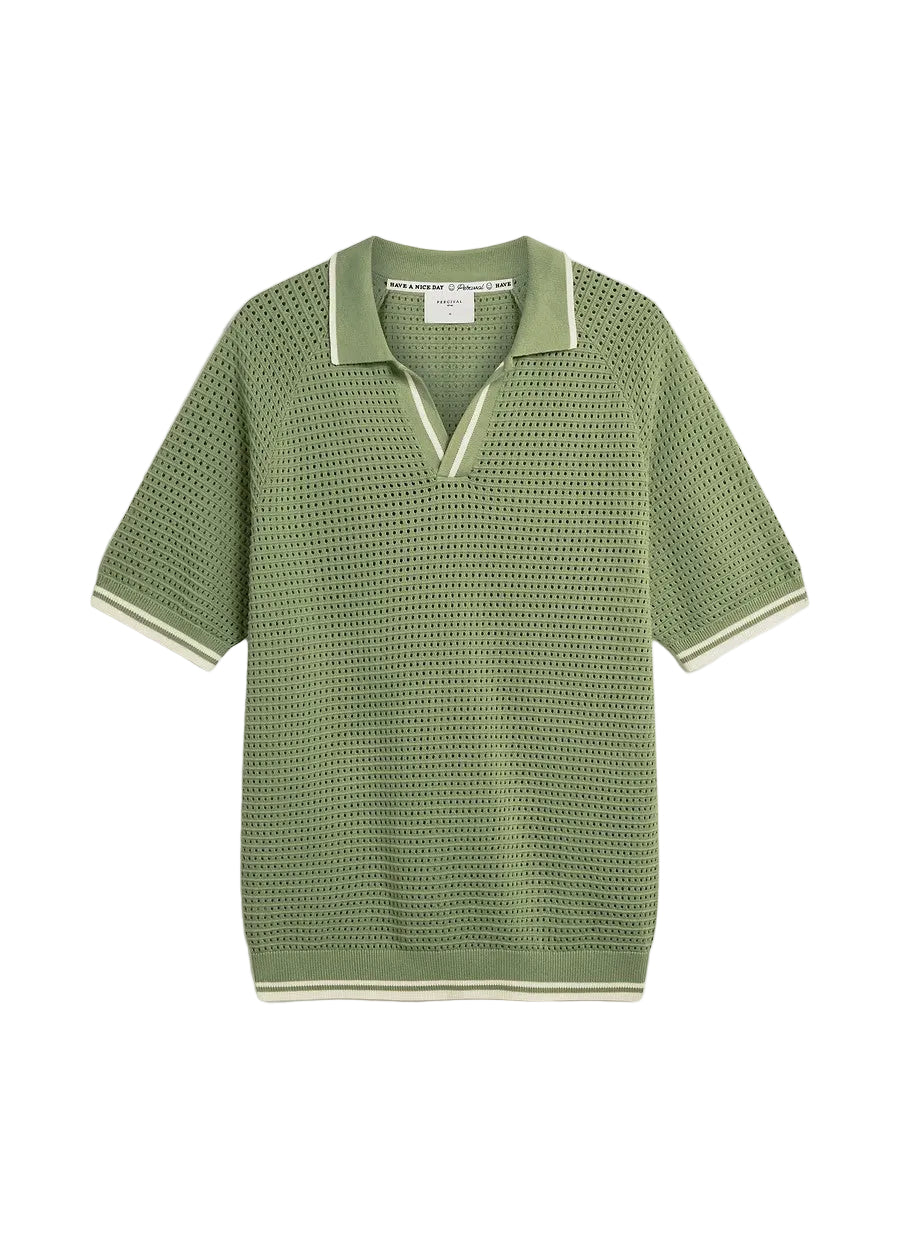 Green textured polo shirt on a white background