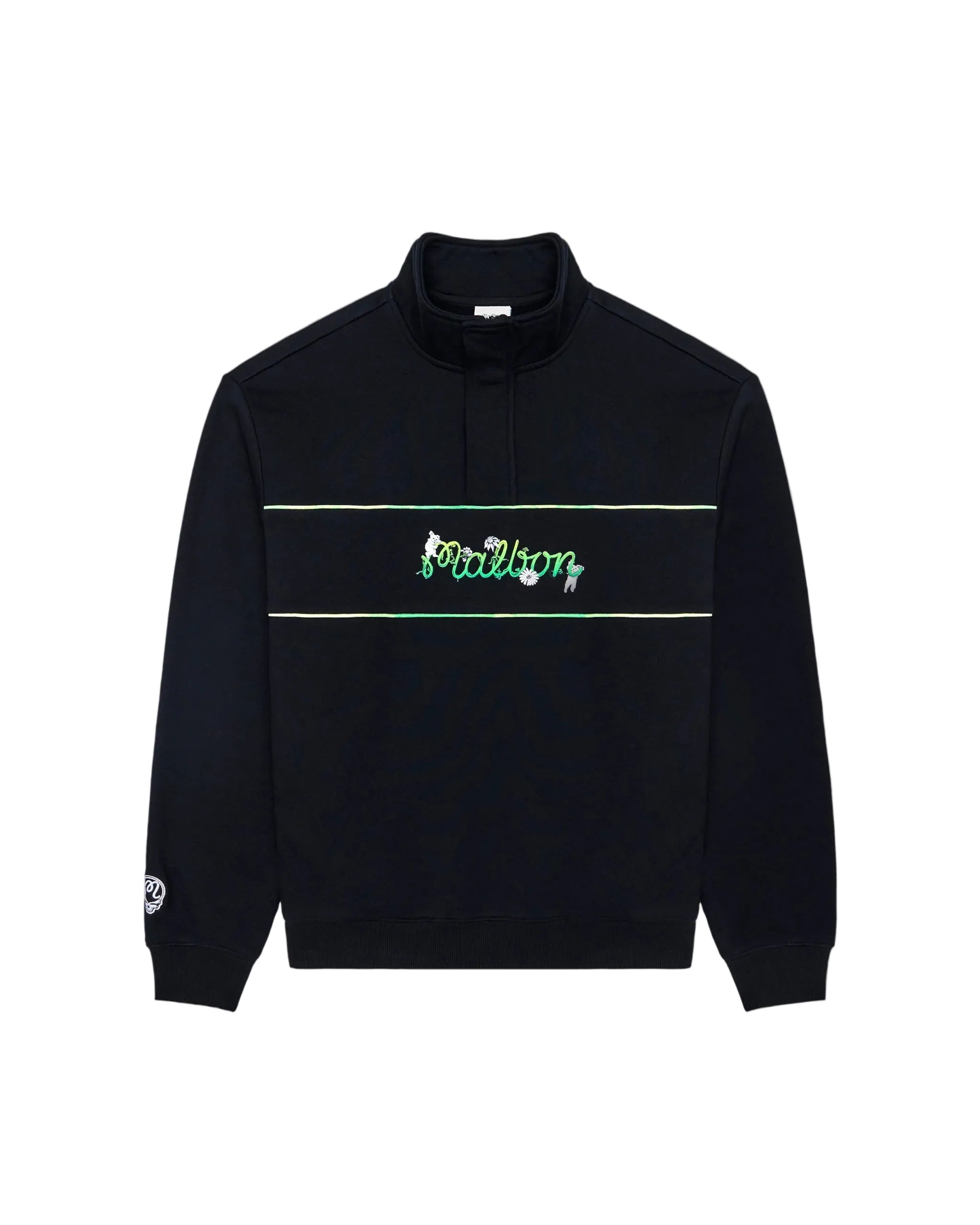 Black sweatshirt with a green and white logo on a white background