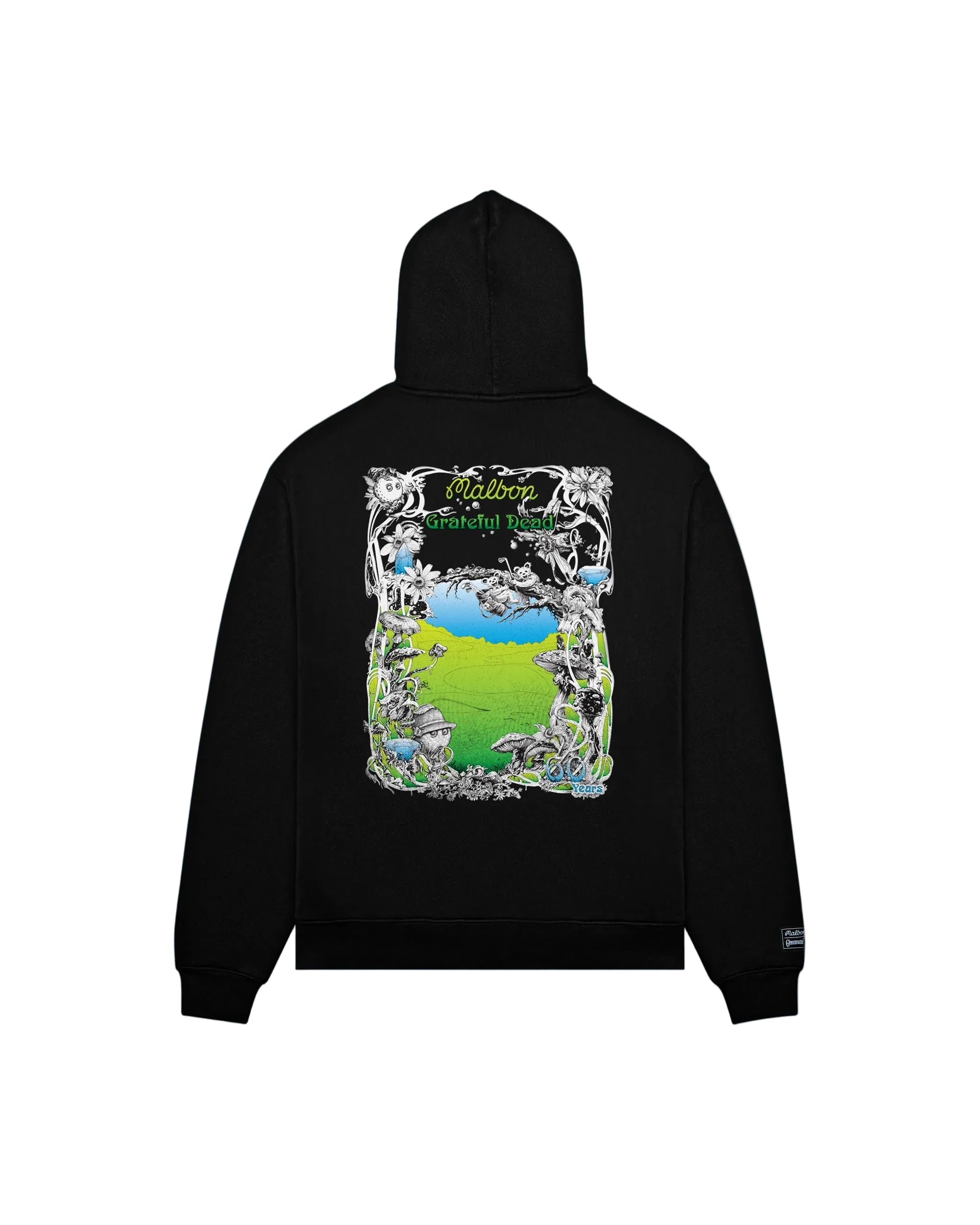 Black hoodie with a colorful graphic on the back against a white background