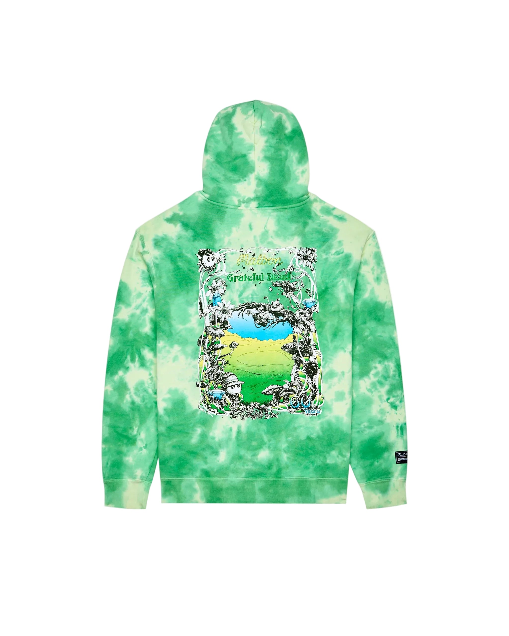 Green tie-dye hoodie with a graphic design on the back against a white background