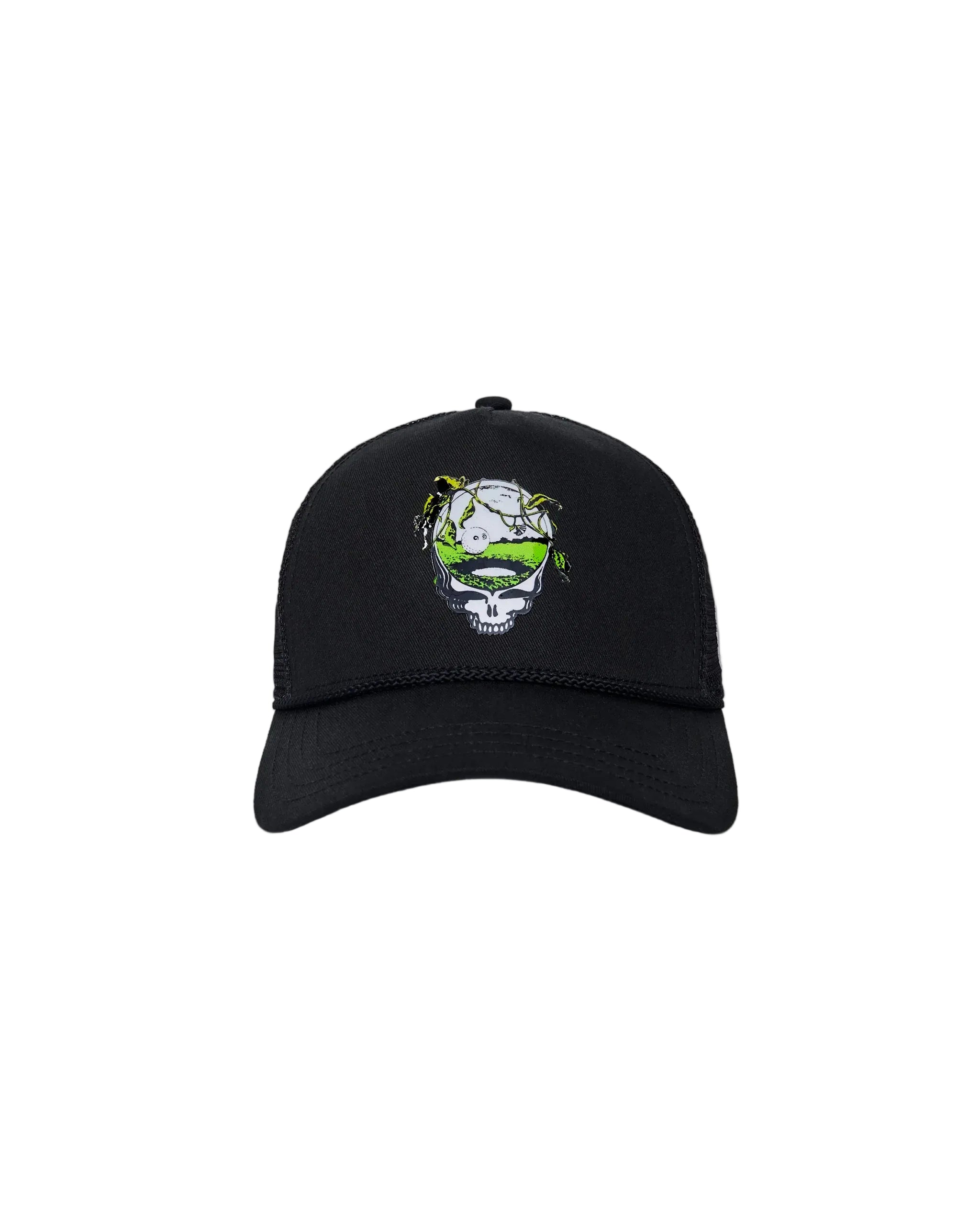 Black cap with a skull and green design on a white background