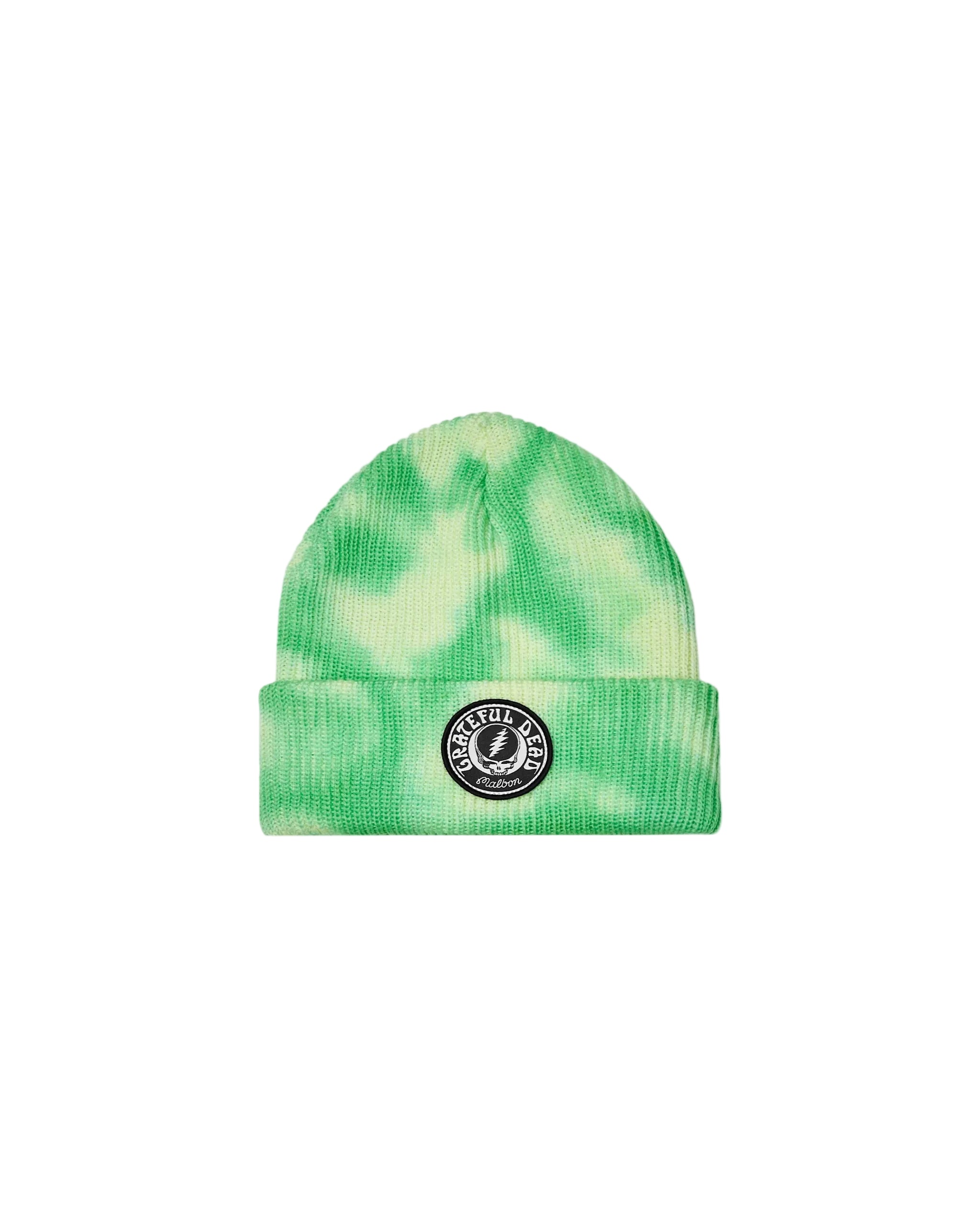Green and white tie-dye beanie with a logo on a light gray background
