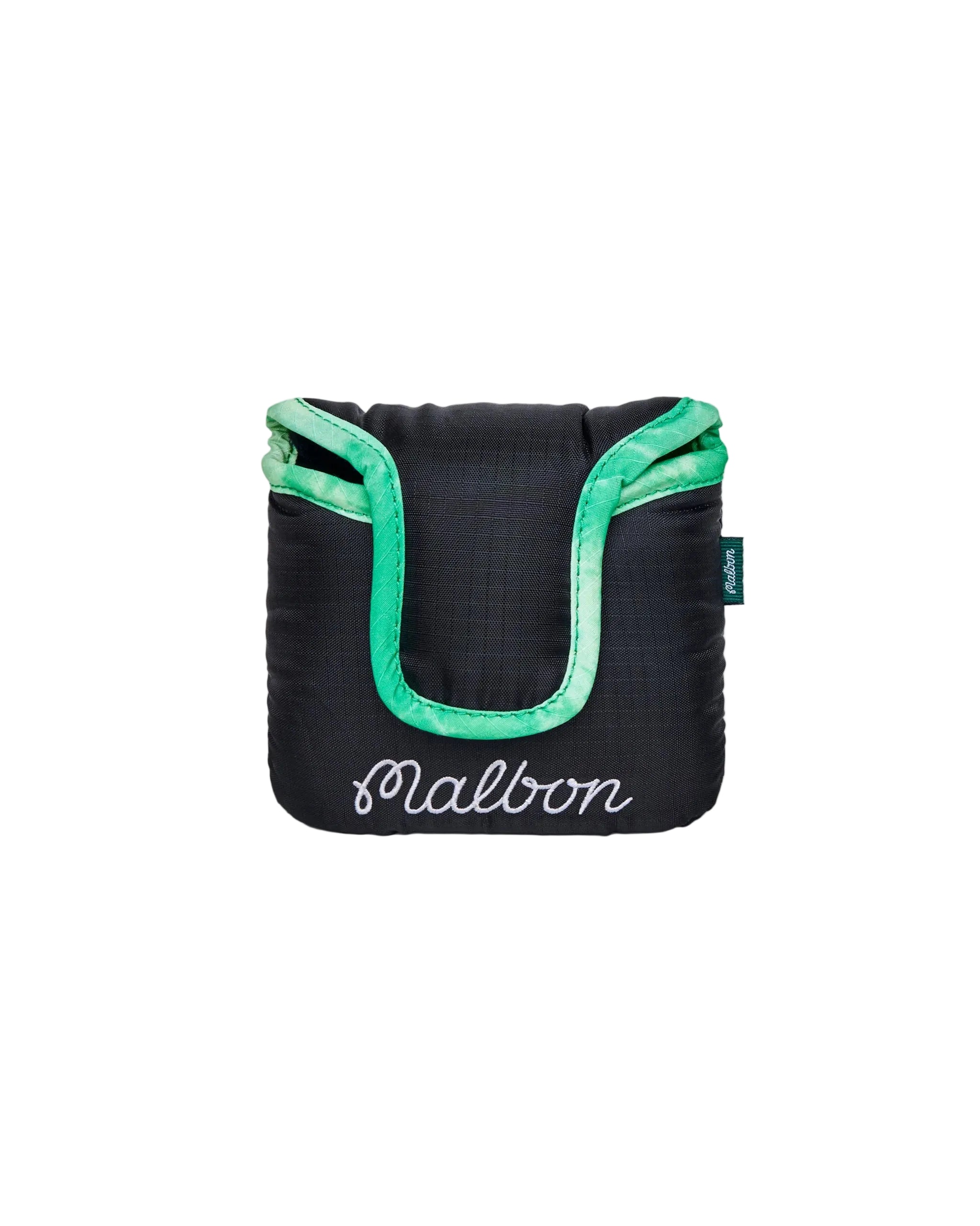 Black and green mallet cover with 'Malbon' branding on a white background