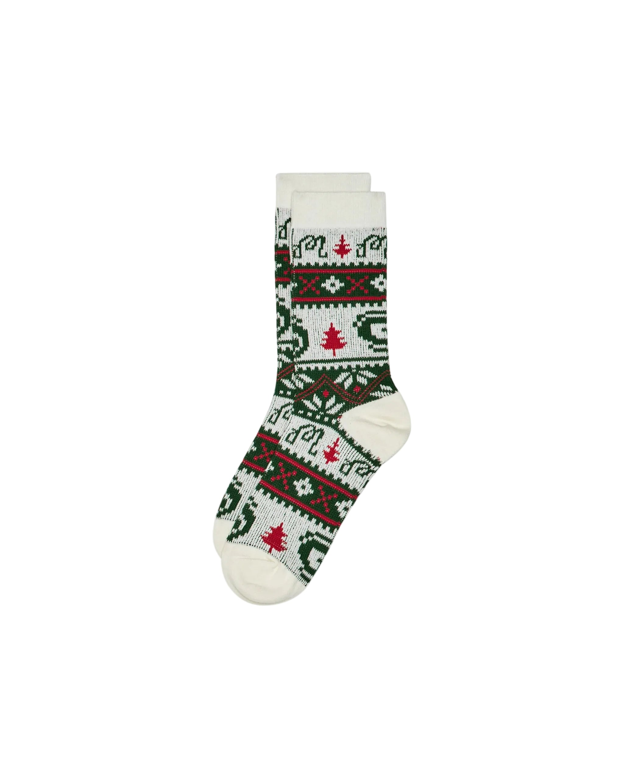 Christmas-themed sock with green and red patterns on a white background