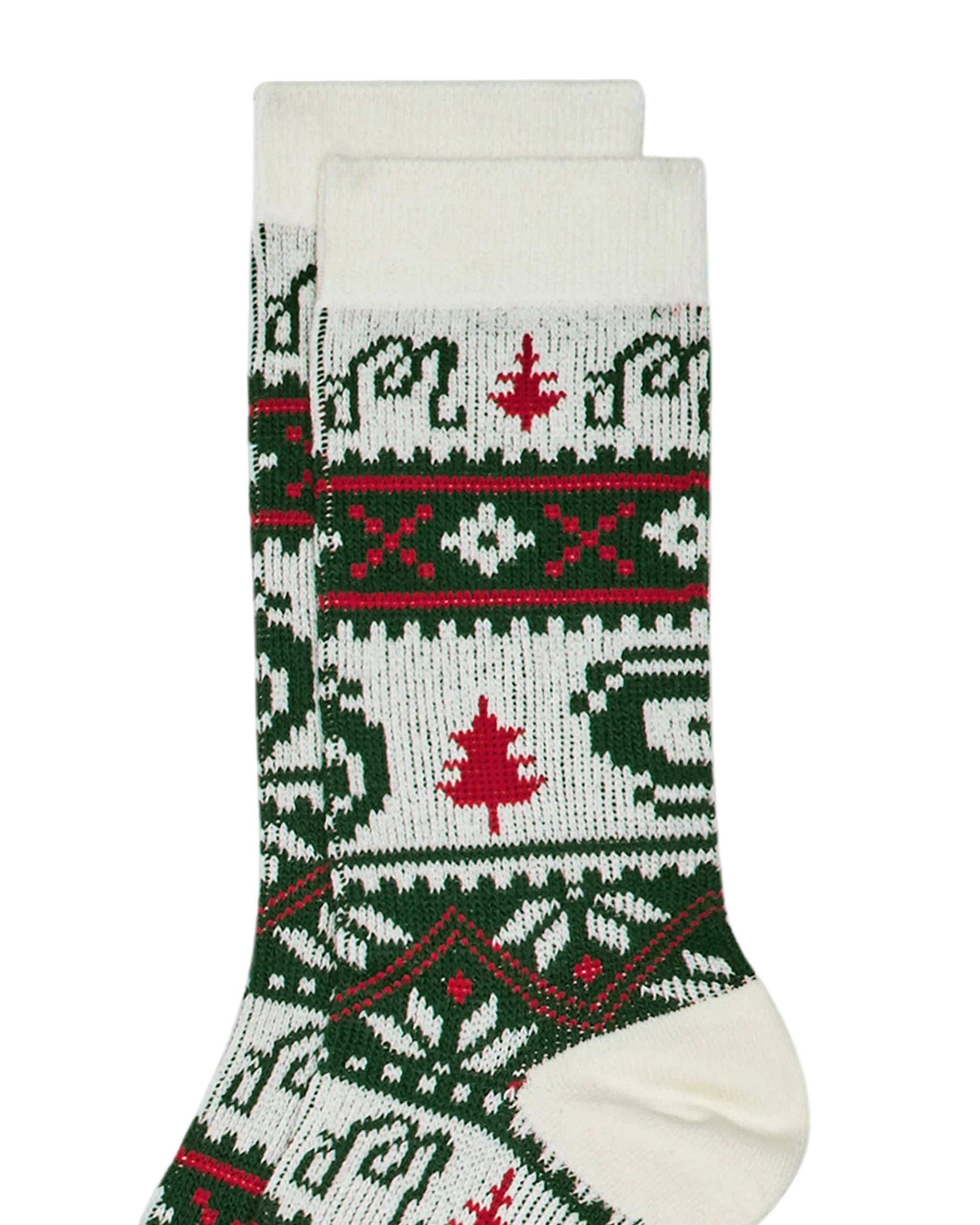 Pair of socks with a festive pattern on a white background