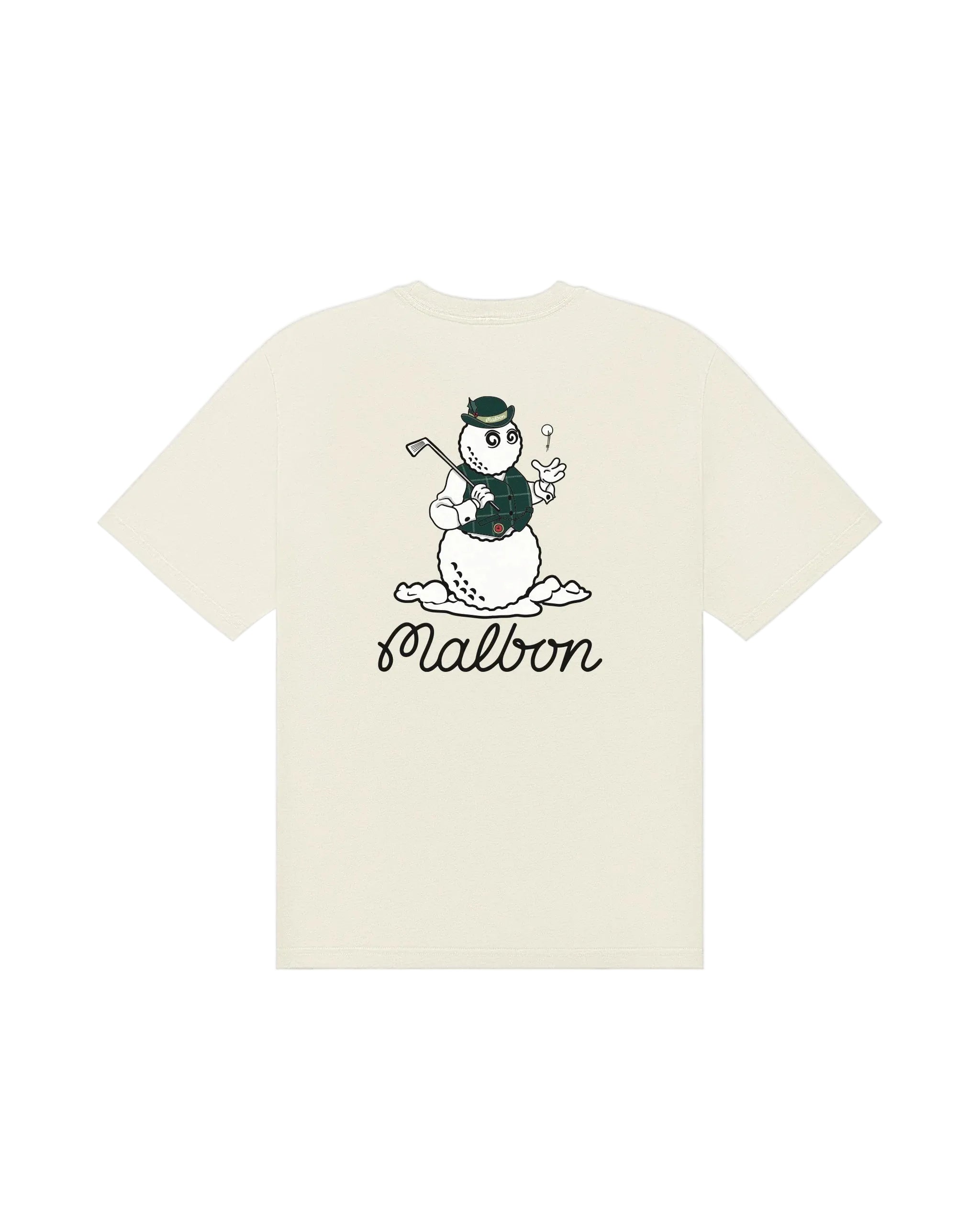 Beige t-shirt with a snowman graphic and 'Malbon' text on a white background