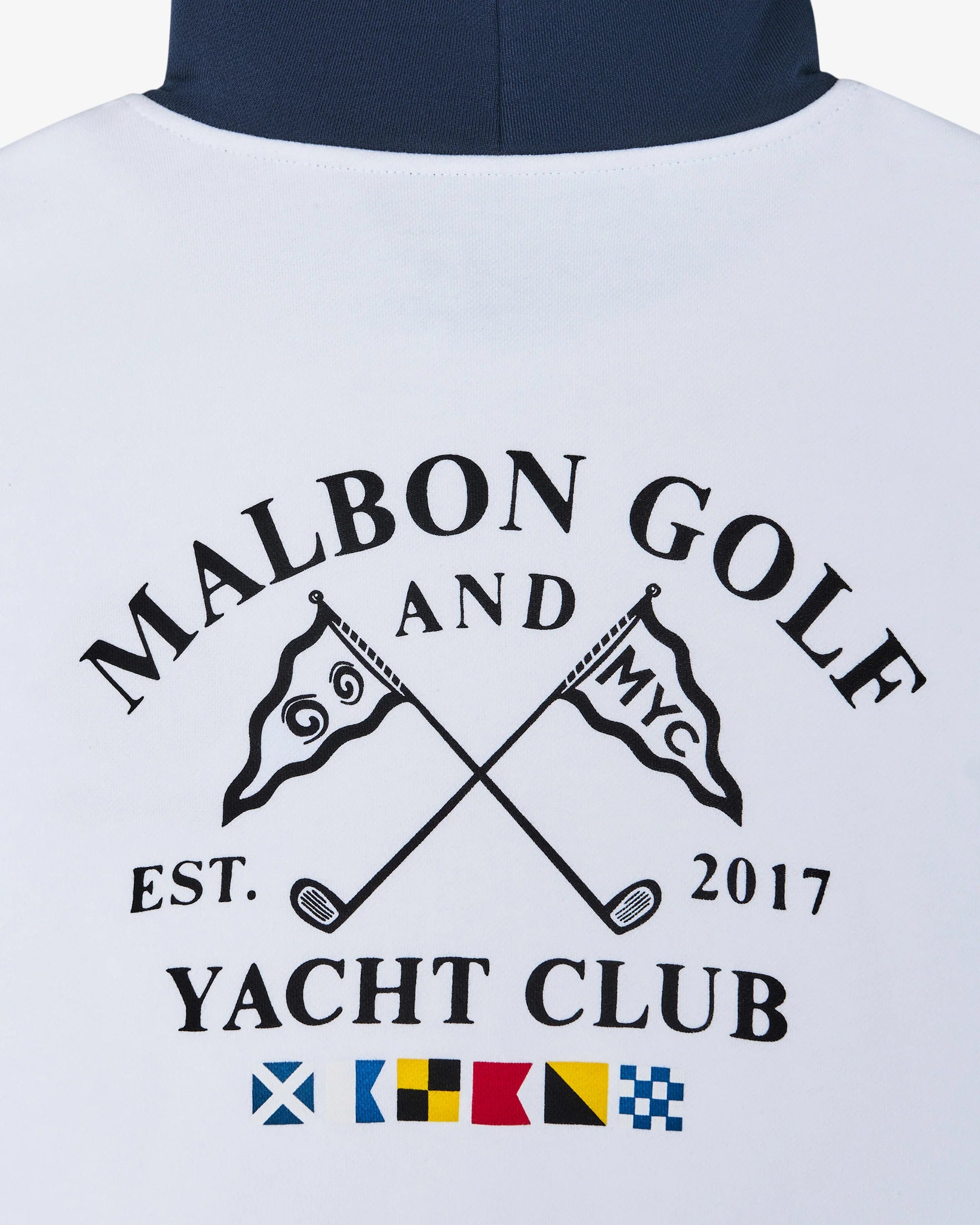 White hoodie with 'Malbon Golf and Yacht Club' logo and text on a white background