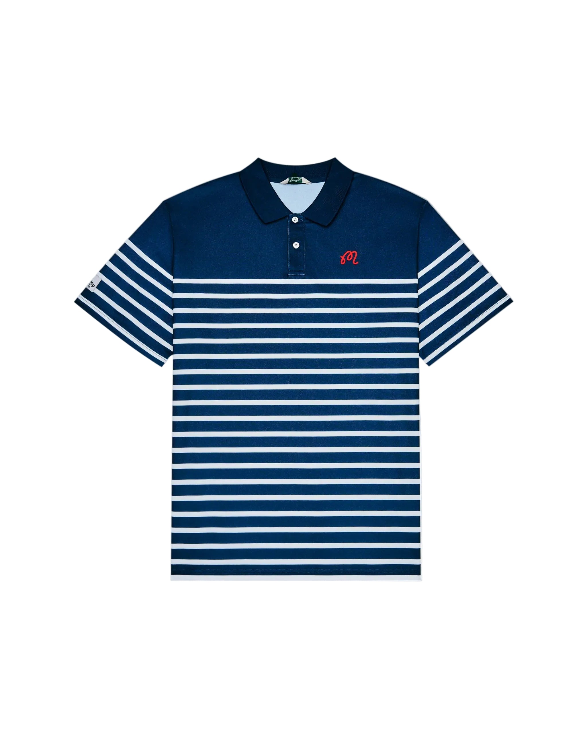 Navy and white striped polo shirt with a red logo on a white background