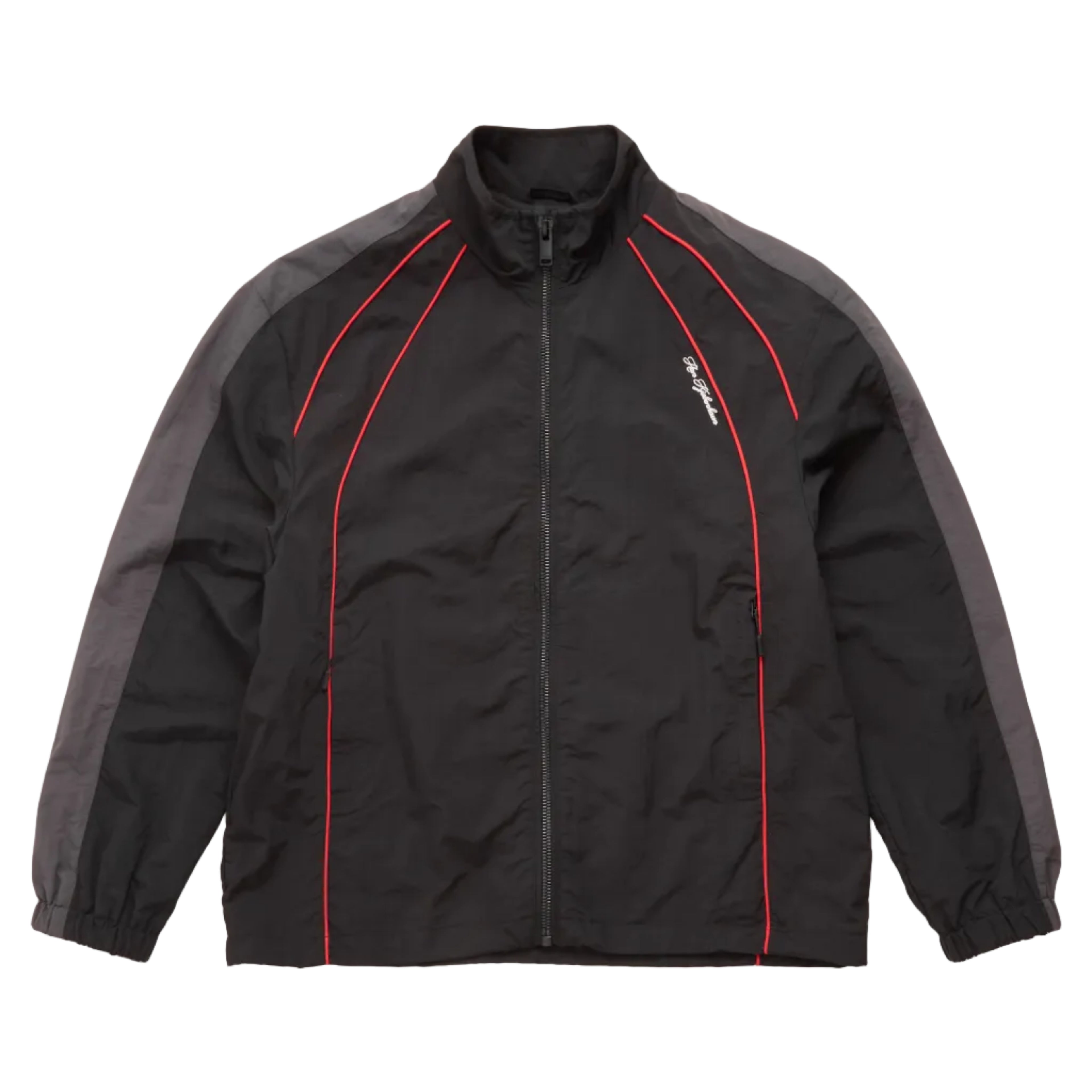 A black zip-up athletic jacket with dark gray sleeves and red piping details, shown flat against a white background.