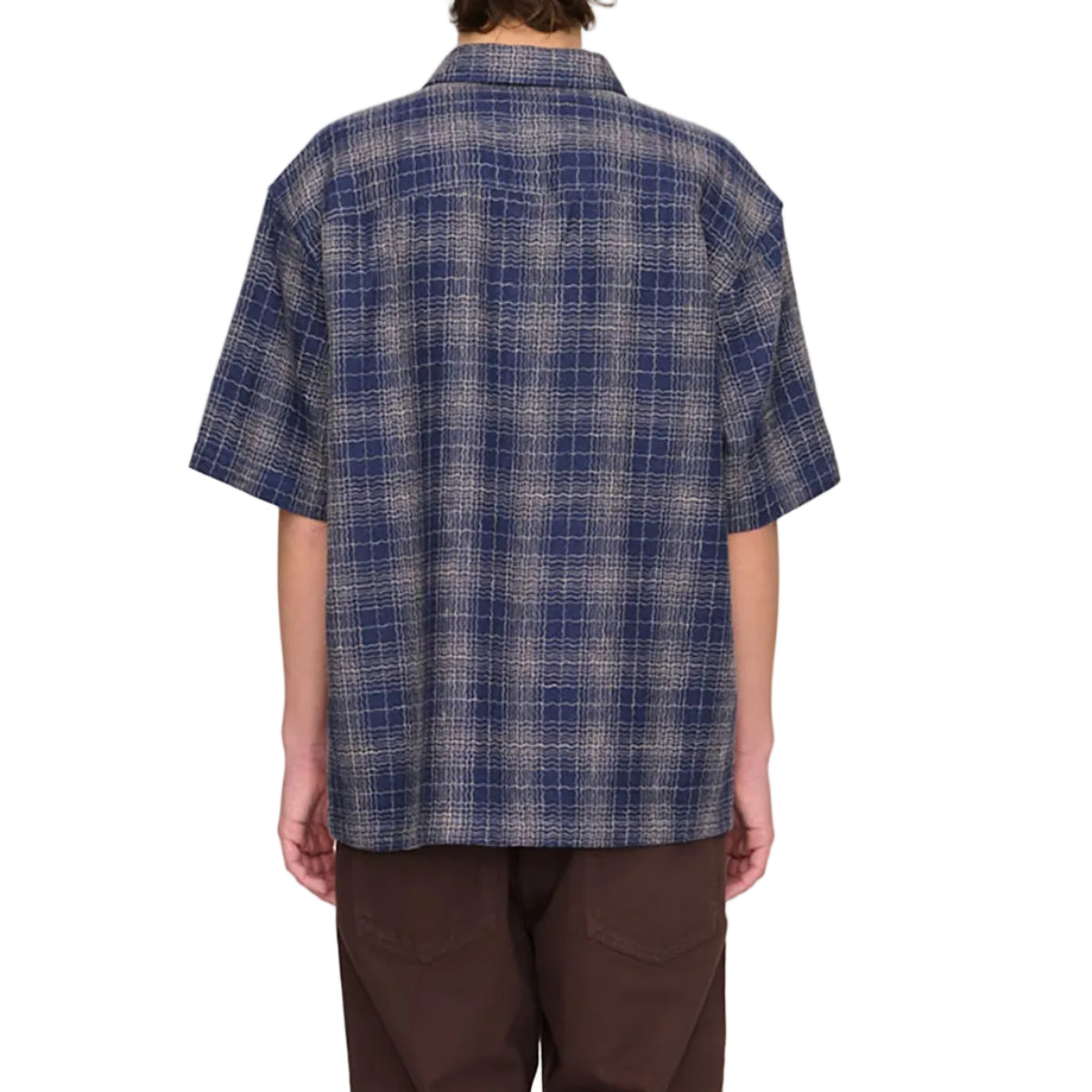Person wearing a blue plaid shirt and brown pants on a white background. Back view